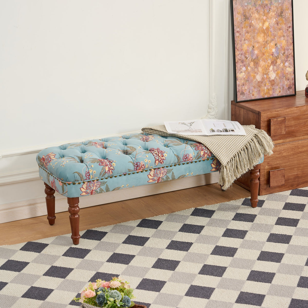 GDFStudio Jay Mid-Century Modern Wooden Upholstered Floral Bench with Tufted Design, Blue