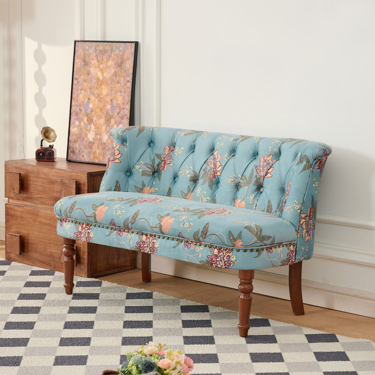 GDFStudio Jay Mid-Century Modern 47  Wooden Upholstered Floral Loveseat Blue