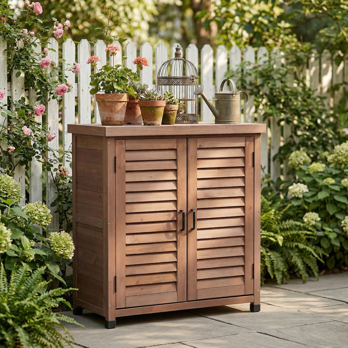 GDFStudio Ada Modern Patio Wooden Potting Bench with Storage Cabinet and Metal Table Top, Brown