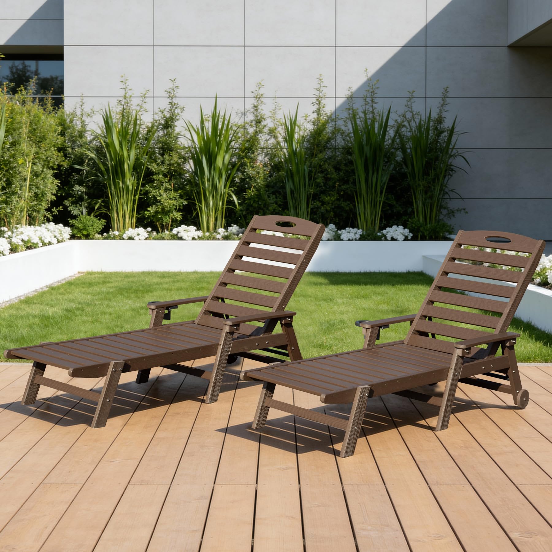 GDFStudio Harbor Patio HDPE Chaise Lounge with 2 Wheels and 5-Position Backrest, Brown, Set of 2