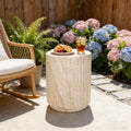 GDFStudio Myers Outdoor Side Table, Cylinder Shaped MgO Patio End Table with Wave Design, Beige/Yellow