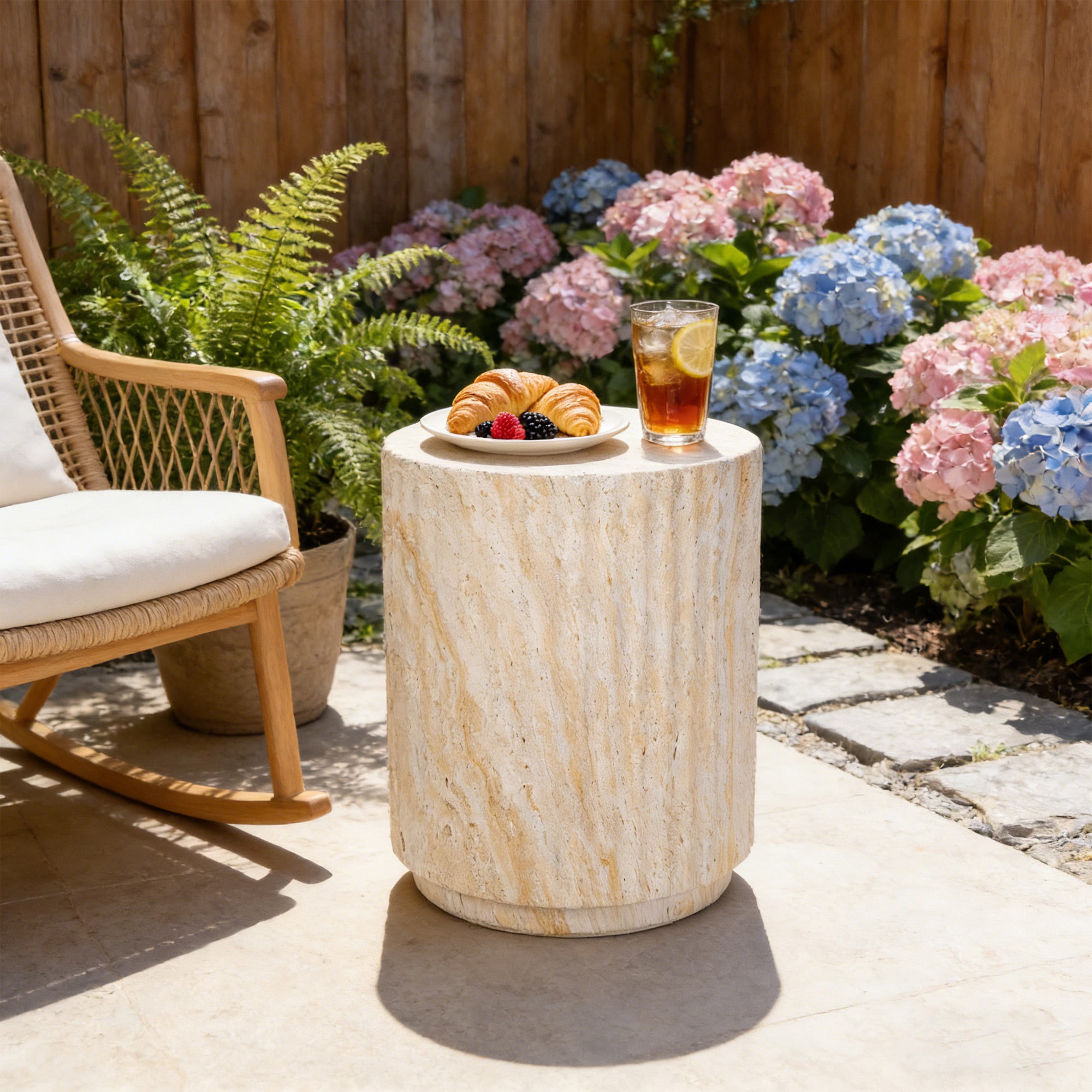 GDFStudio Myers Outdoor Side Table, Cylinder Shaped MgO Patio End Table with Wave Design, Beige/Yellow