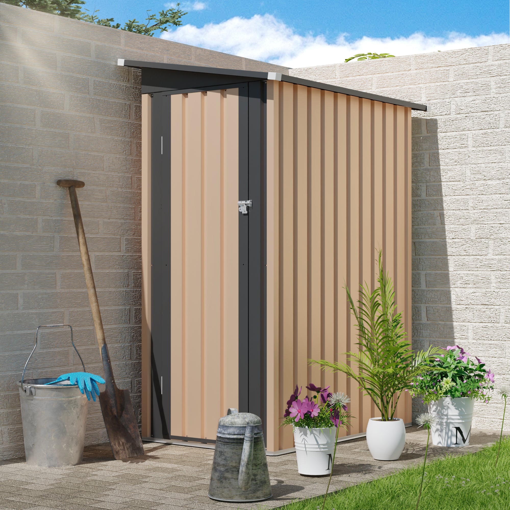 GDFStudio Imran Modern Galvanized Steel Outdoor Storage Garden Shed with Side Hinge Door, Black/Brown