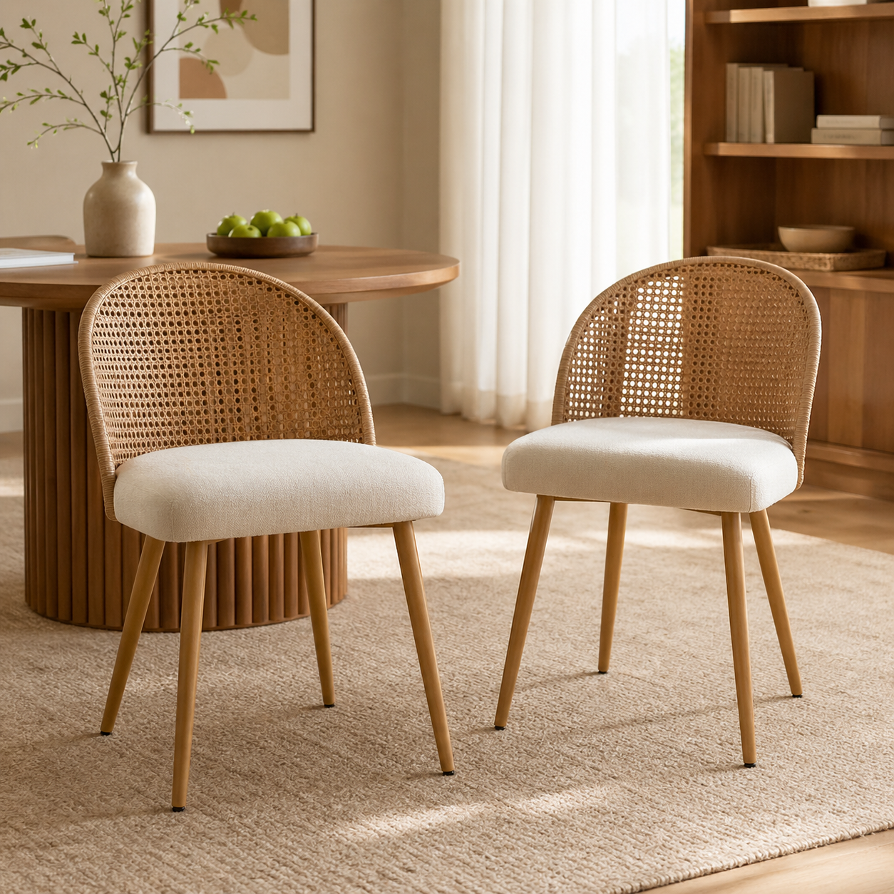 GDFStudio Javier Bohemian Iron Dining Chairs with Curved Rattan Back and Cushion, Beige/Brown, Set of 2