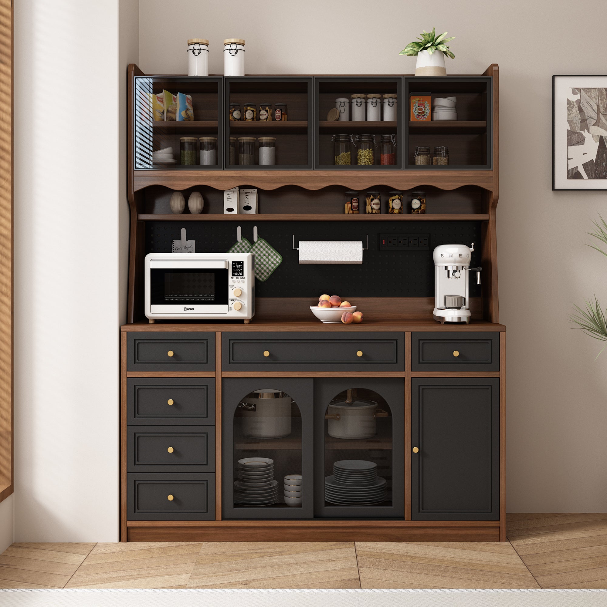 GDFStudio Julien Modern Wooden 63'' Freestanding Buffet Storage Cabinet with Adjustable Shelves, 4 Doors and 6 Drawers, Brown/Black