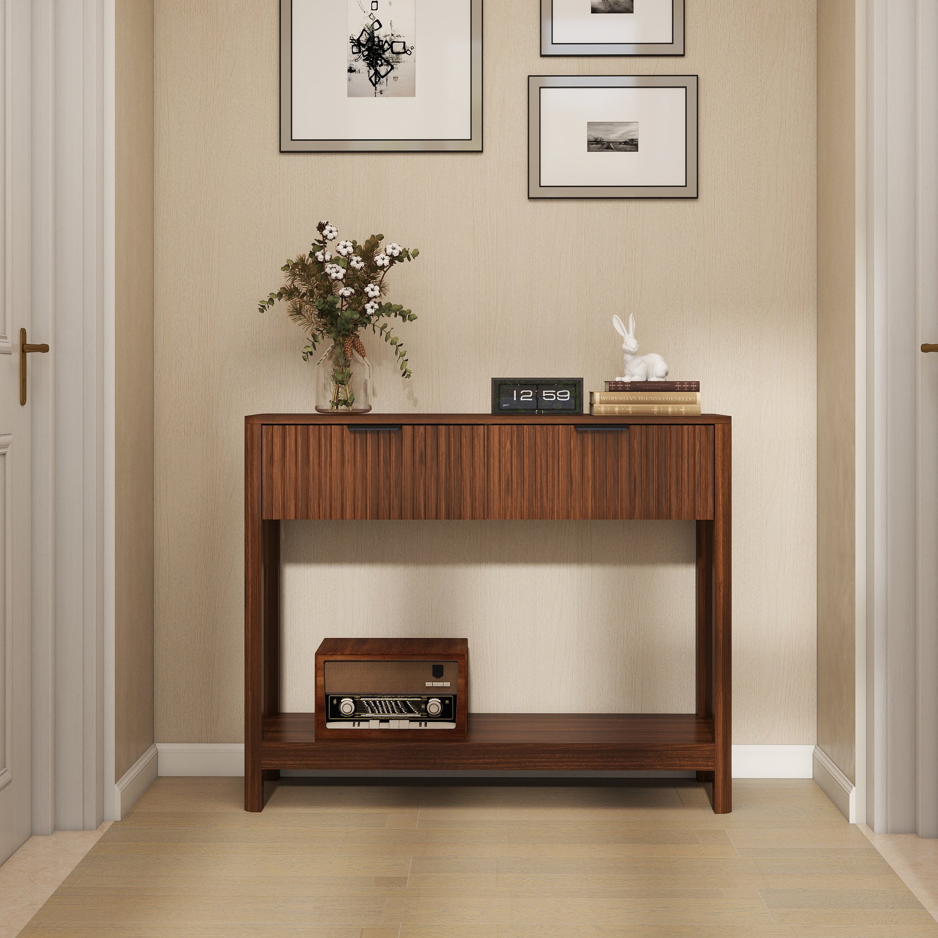 GDFStudio Aether Mid-Century Modern Fluted Console Table with 2 Drawers and Lower Open Shelf