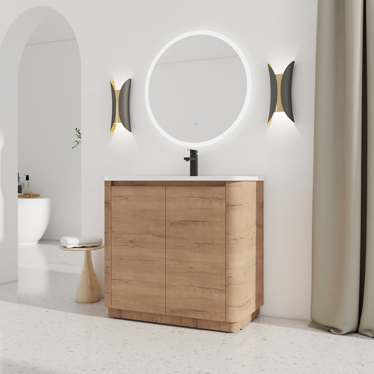 GDFStudio Lioren Modern 36  Freestanding Bathroom Vanity with Ceramic Sink and 2 Soft-Close Door, Imitative Oak