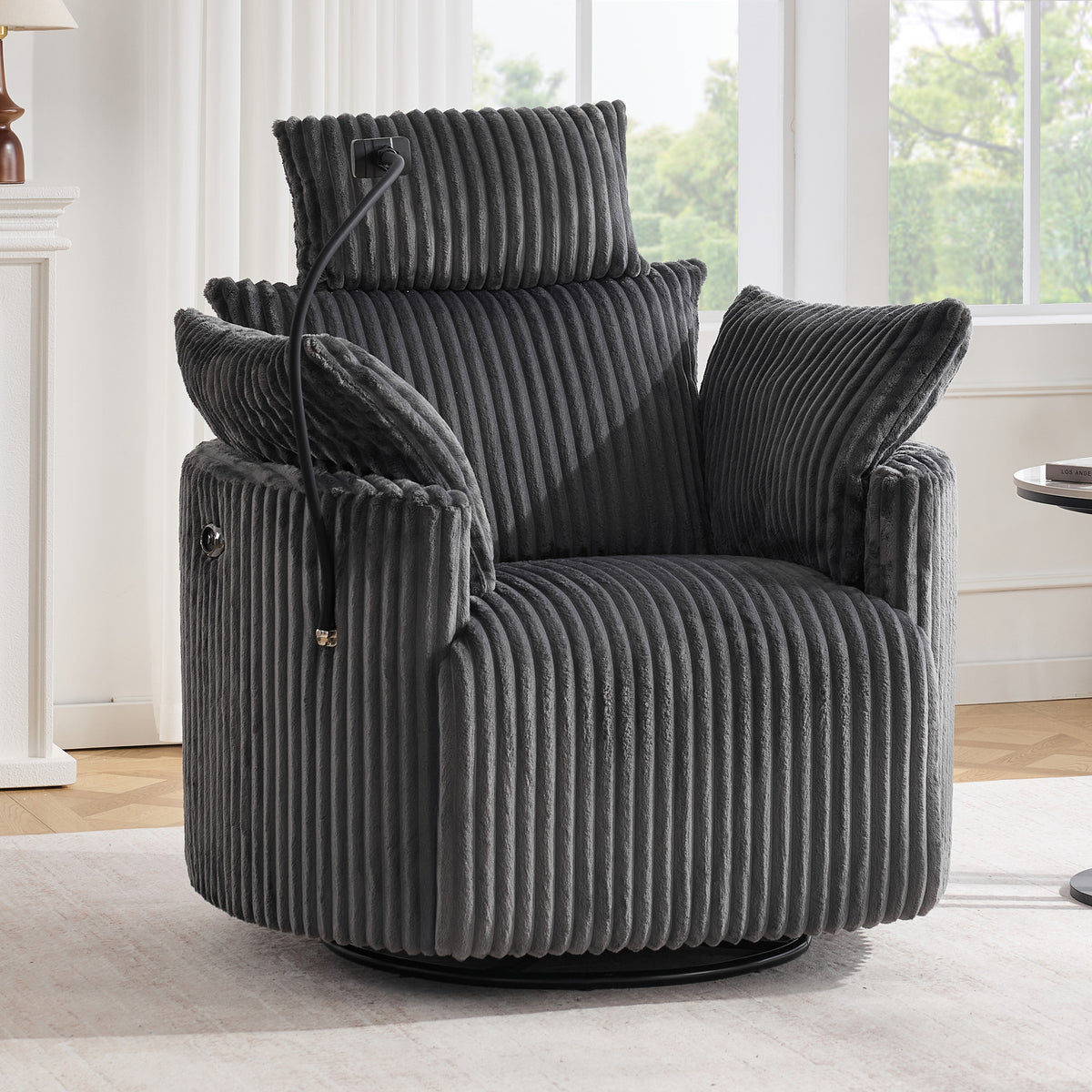 GDFStudio Cassian Modern Wood and Metal 210  Swivel Recliner Chair with Phone Holder and USB Port, Gray-Corduroy