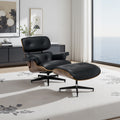 GDFStudio Marston Modern Top Grain Leather Lounge Chair with Ottoman, Black/Dark Walnut
