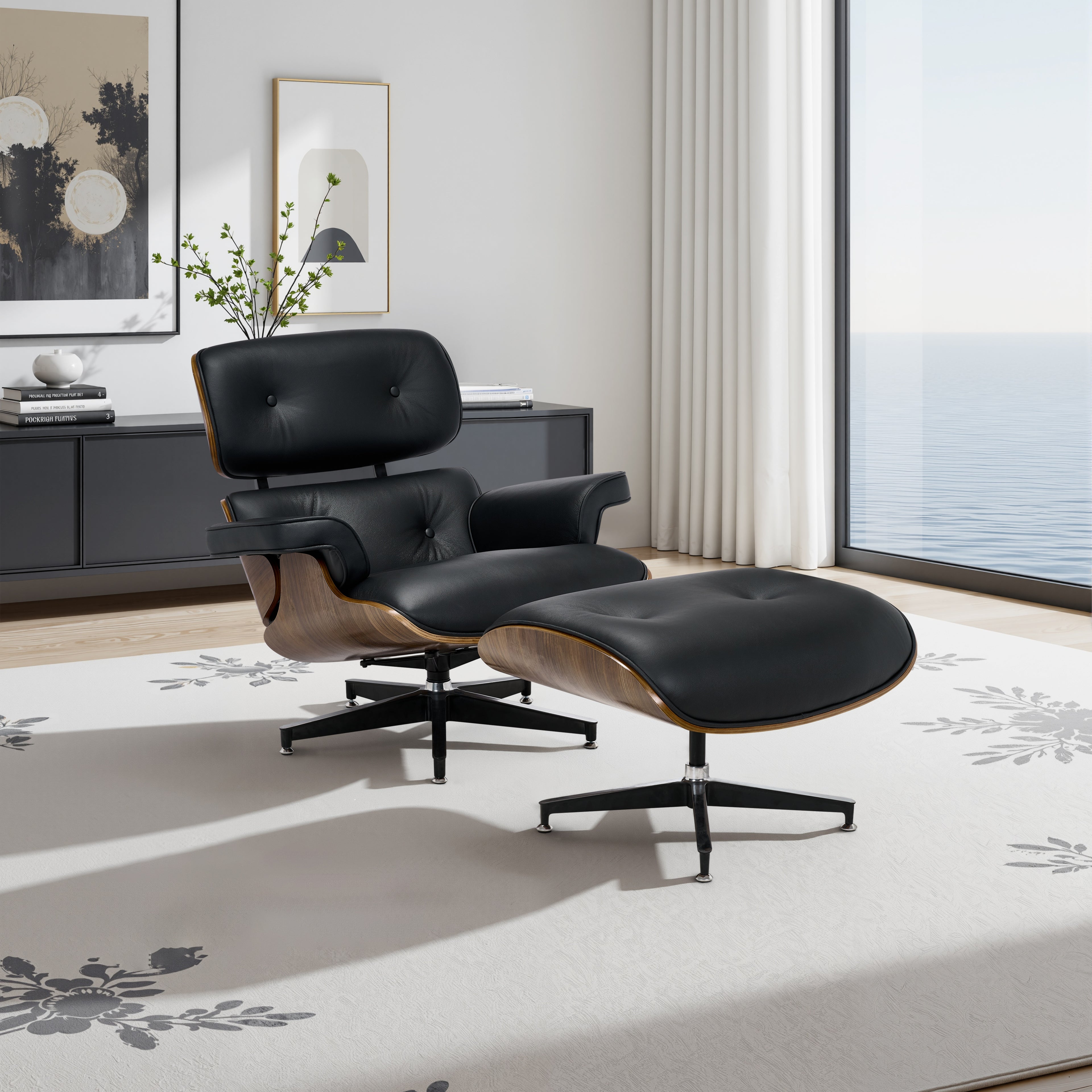 GDFStudio Marston Modern Top Grain Leather Lounge Chair with Ottoman, Black/Dark Walnut