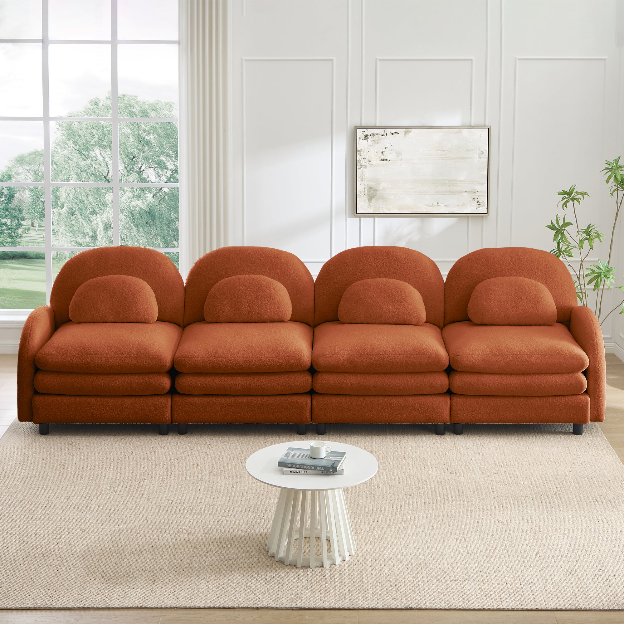 GDFStudio Ephialtes 129.1'' Modern Teddy Upholstered 4-Seater Sectional Sofa with Curved Lumbar Pillows, Orange