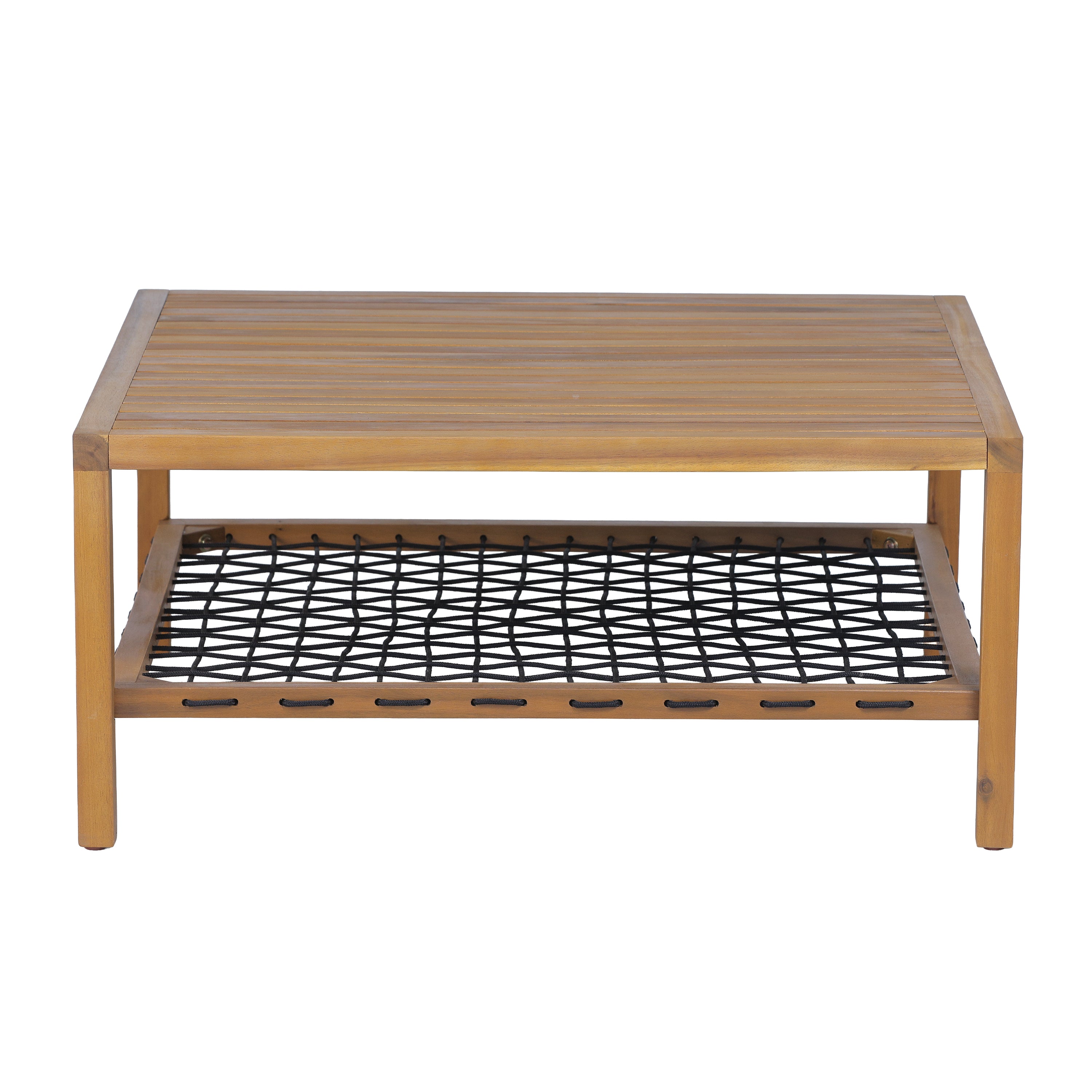 Christopher Knight Home Ashton Patio Acacia Wood Square Coffee Table with Woven Rope Storage Shelf, Teak/Black