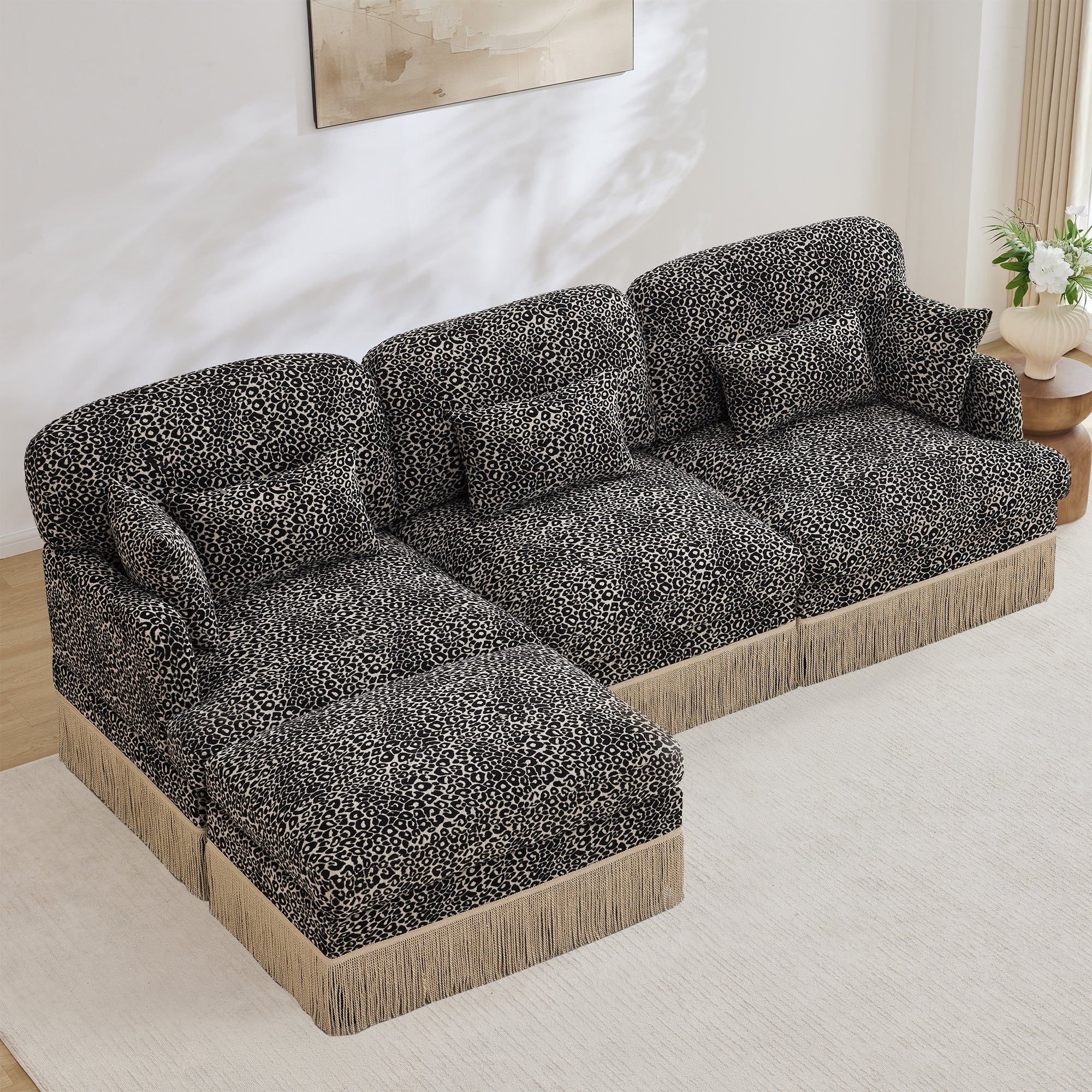 GDFStudio Bexley 4 Piece Wooden Chenille Upholstered Sectional Sofa with Pillows, Khaki