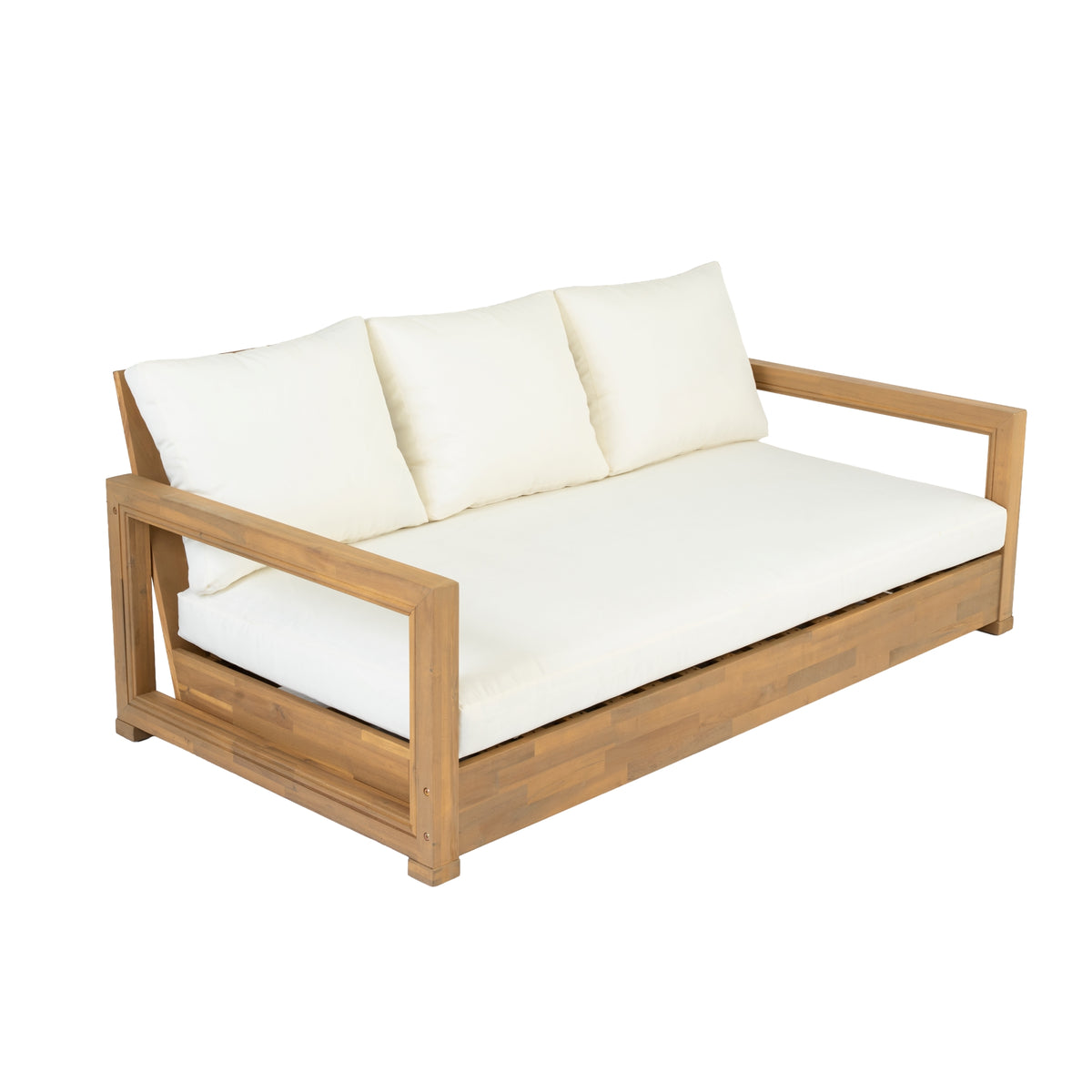 GDFStudio Pacay 67.5" Outdoor Acacia Wood 3-Seater Low Seating Sofa with 6" Water Resistant Cushion, Light Teak/Beige