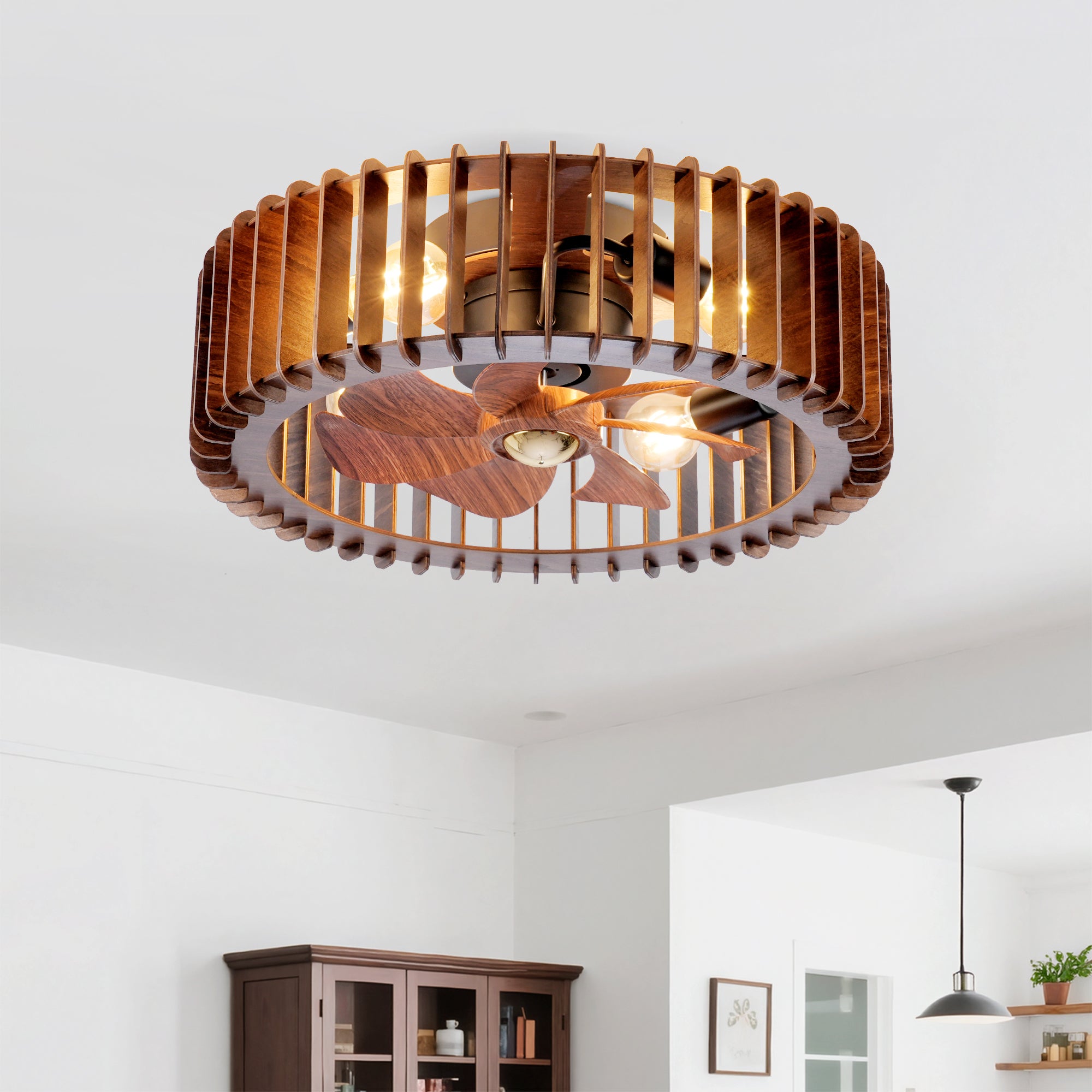 GDFStudio Darb Farmhouse Cage Ceiling Fan with Light (Not Included Bulbs) and Remote Control, Walnut