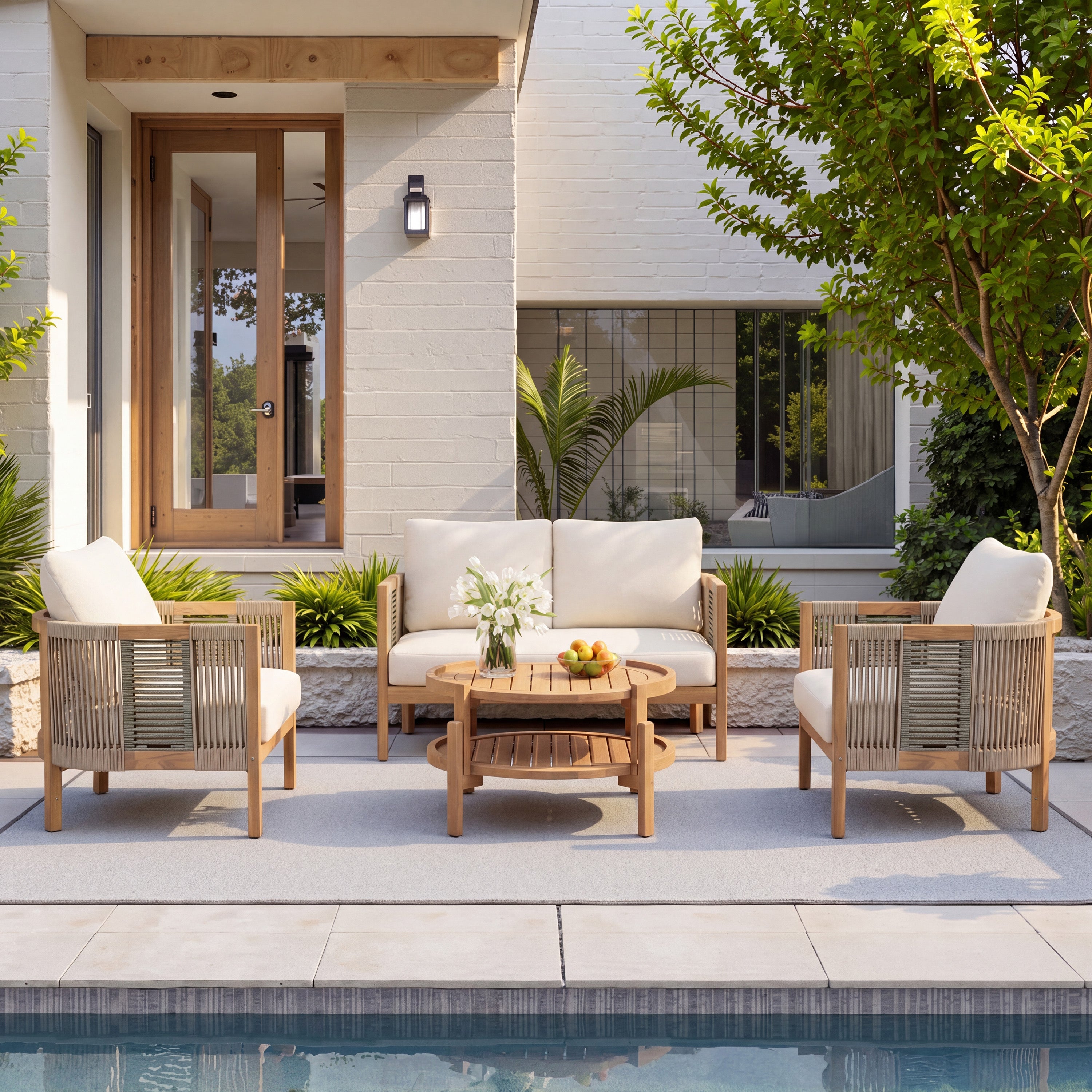 Christopher Knight Home Ashton Patio Modern 4-Piece Acacia Wood Conversation Set with Woven Rope & Cushions, Teak/Beige