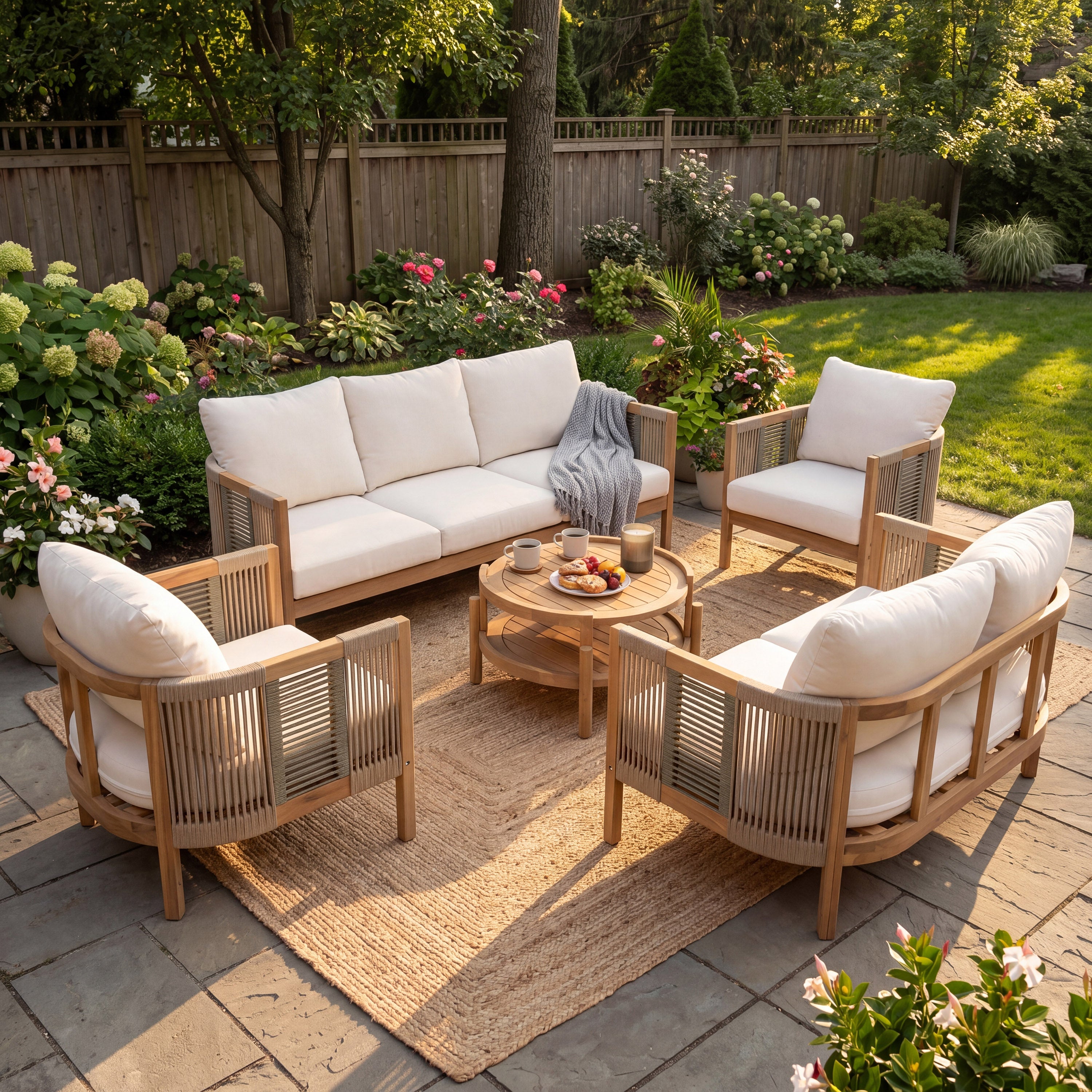 Christopher Knight Home Ashton Patio Modern 5-Piece Acacia Wood Conversation Set with Woven Rope & Cushions, Teak/Beige