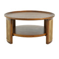 Christopher Knight Home Rowan Modern Farmhouse Pine Wood Round Coffee Table with Storage Shelf & Metal Rattan Accents, Walnut/Gold