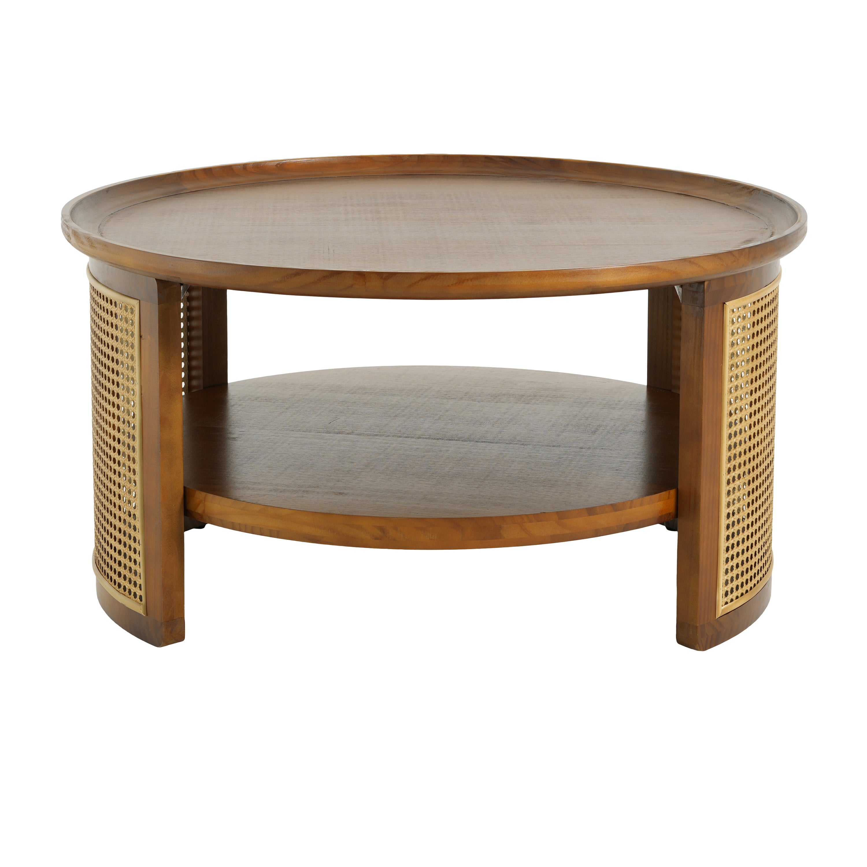 Christopher Knight Home Rowan Modern Farmhouse Pine Wood Round Coffee Table with Storage Shelf & Metal Rattan Accents, Walnut/Gold