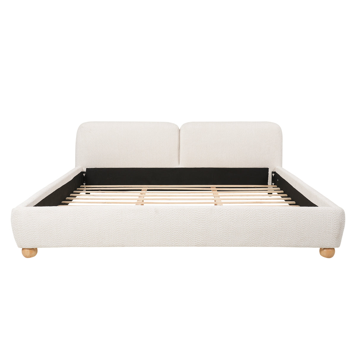 Christopher Knight Home Molios Modern Boucle Upholstered Bed Frame with Curved Headboard and Rubberwood Legs, White