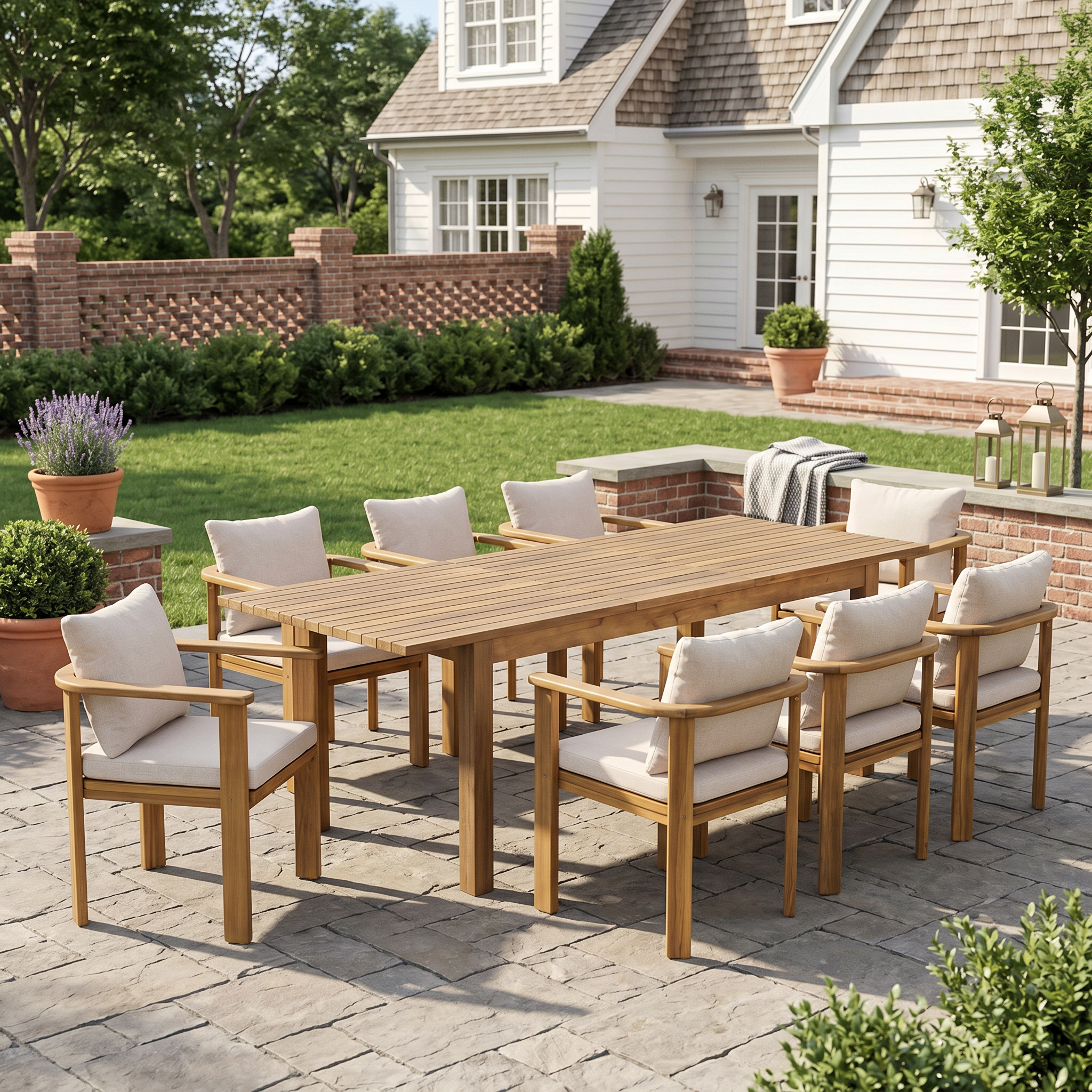 Christopher Knight Home Kaja 9 Piece Rustic Outdoor Acacia Wood Dining Set with Slatted Chairs and Expandable Table, Beige/Teak