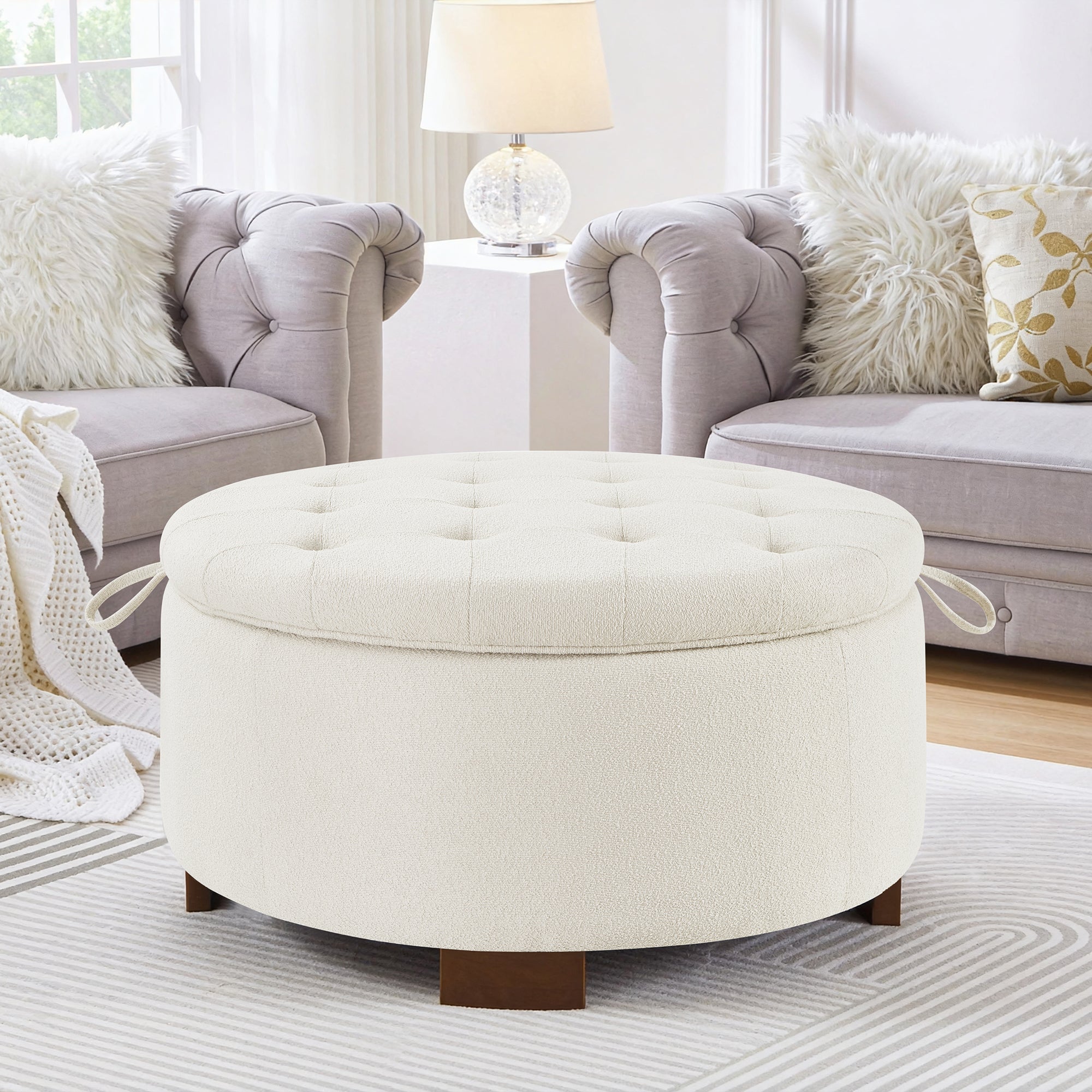 GDFStudio Mirella Round Boucle Fabric Upholstered Storage Ottoman with Reversible Tray Lid, Ivory