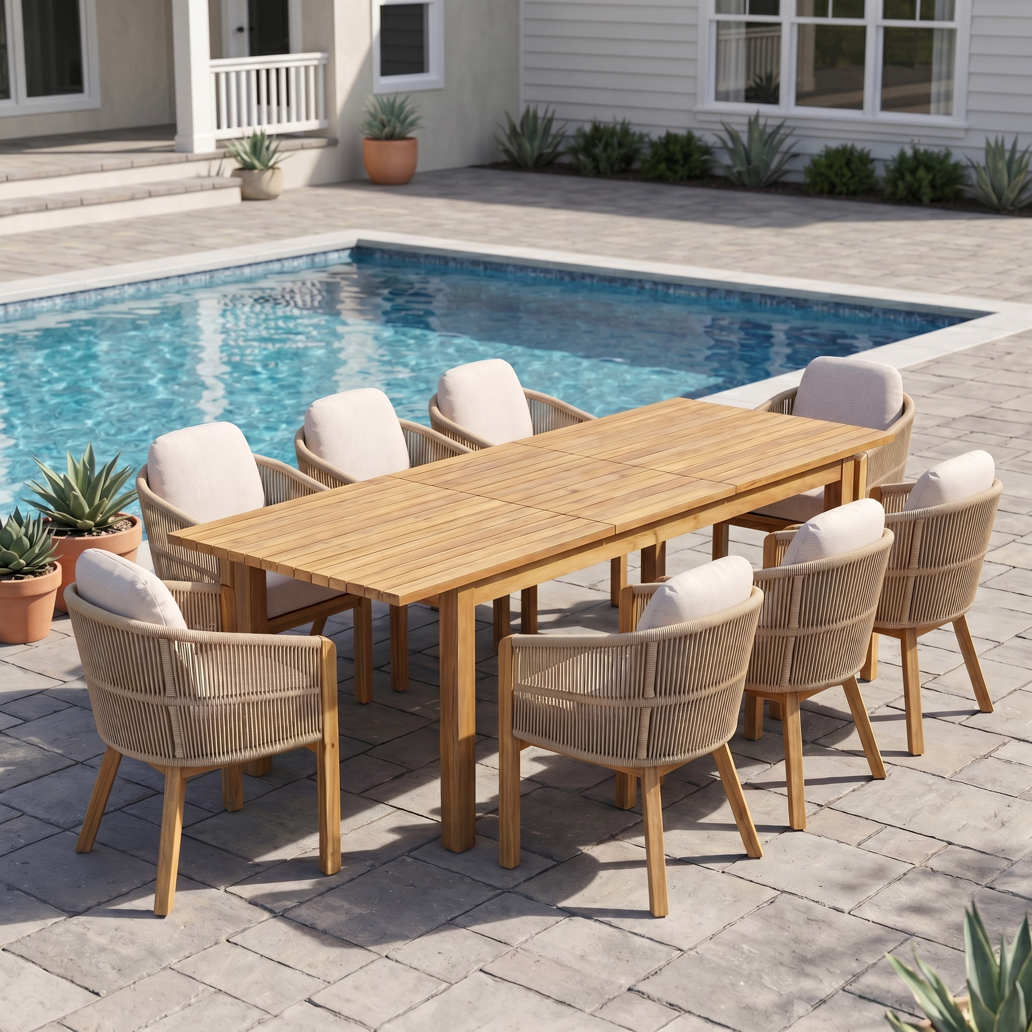Christopher Knight Home Sylas Modern 9 Piece Patio Acacia Dining Set with Rope Design and Expandable Table, Brown/Beige
