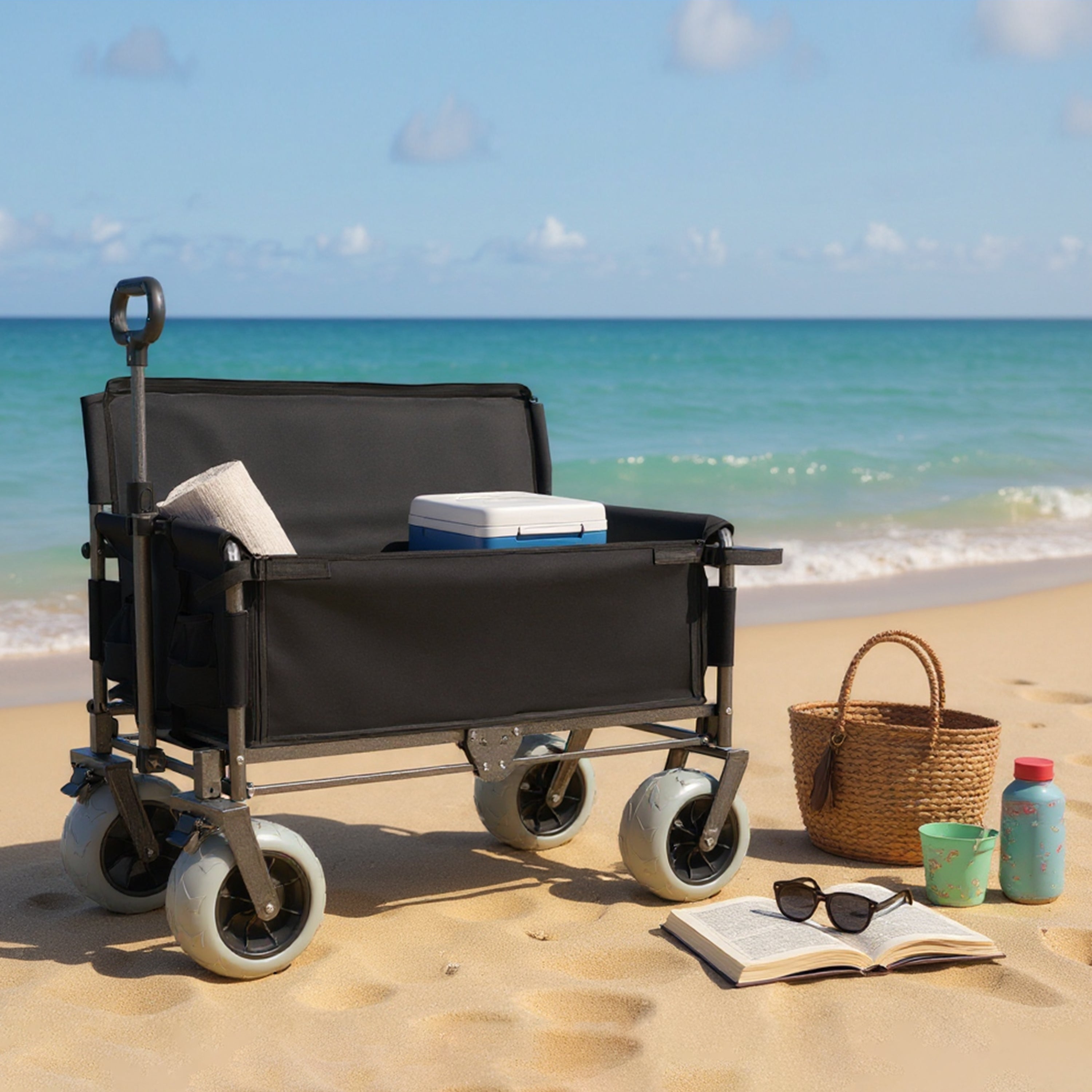 GDFStudio Clemente Heavy Duty 3-in-1 Collapsible Wagon Cart with All-Terrain Balloon Wheels, Black