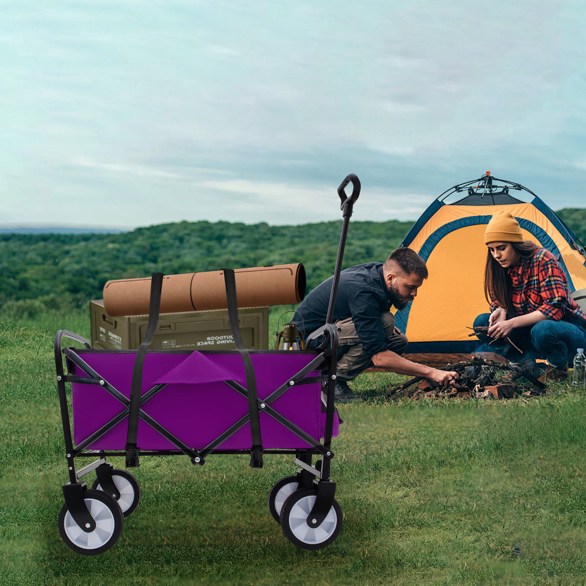 GDFStudio Velmora Collapsible Utility Wagon Cart with Strap System and All-Terrain Swivel Wheels, Purple
