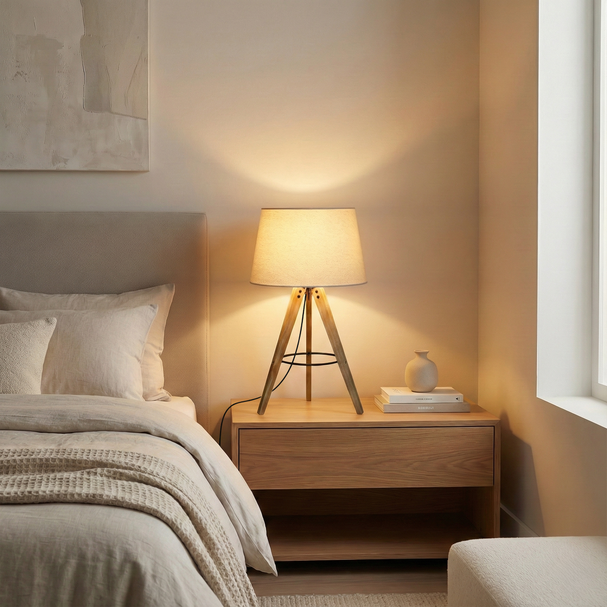 GDFStudio Ruth Mid-Century Modern Tripod Table Lamp with Linen Shade, Natural