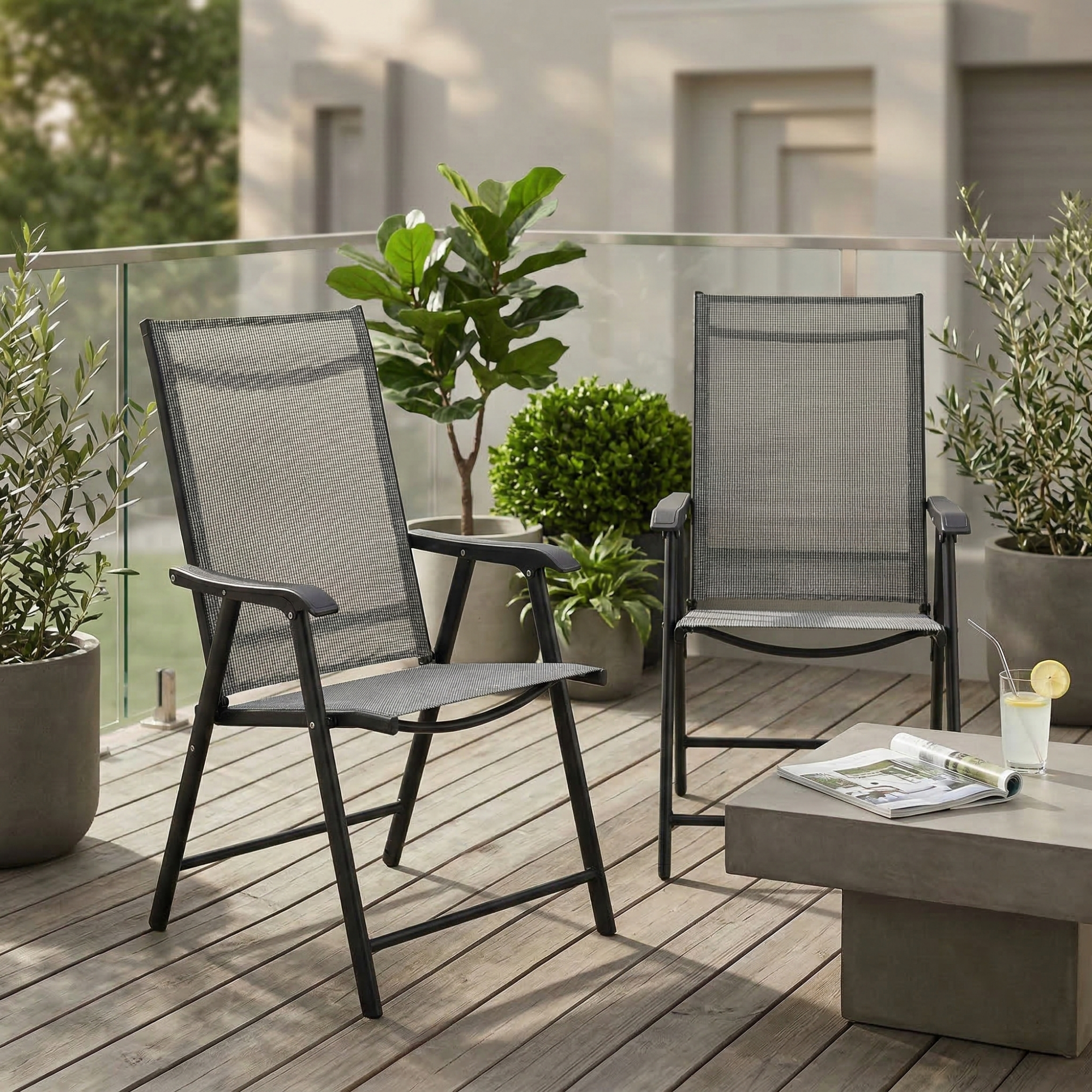 GDFStudio Dalton Outdoor Steel and Mesh Armrest Folding Chair (Set of 2), Gray