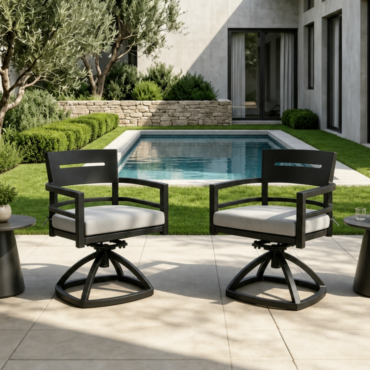 Christopher Knight Home Olivia Modern Aluminum Stable Base Swivel Chairs with Removable Sunbrella Cushions ( Set of 2), Black