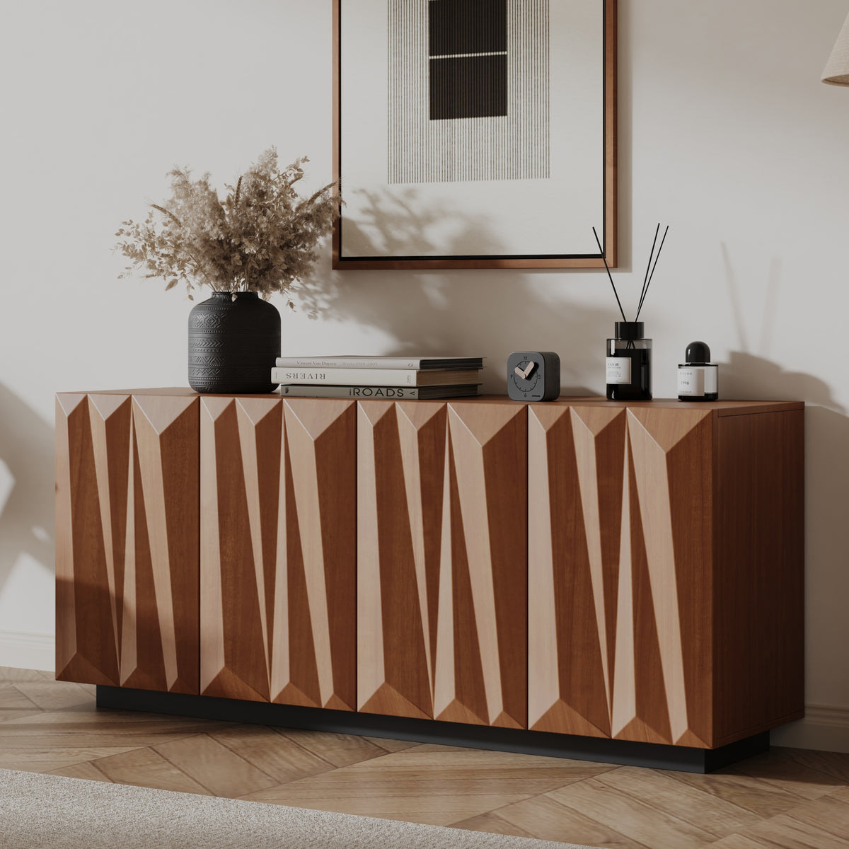 GDFStudio Bassam Modern Wooden 60'' Sideboard Buffet Cabinet with 3D Doors and 2 Shelves, Walnut