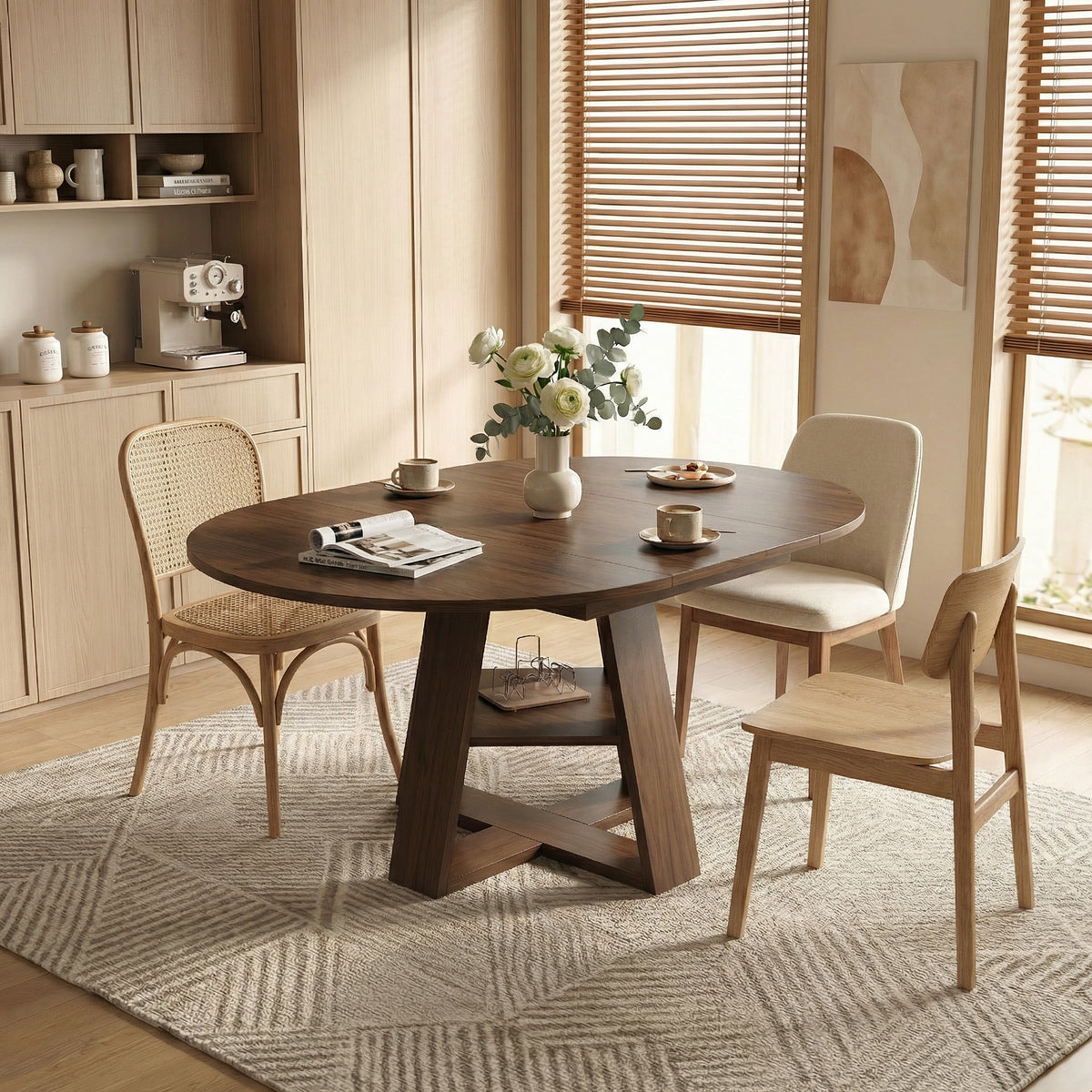 GDFStudio Nolwenn Farmhouse Extendable Round Dining Table with Storage Shelf, Walnut