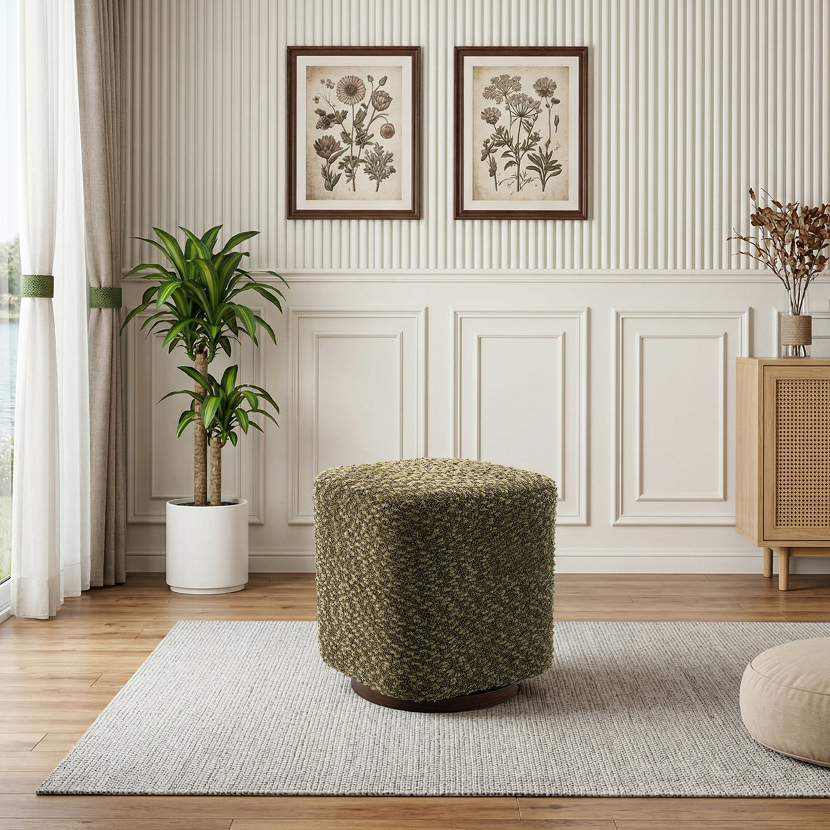 GDFStudio Miravelle Swivel Upholstered Square Vanity Ottoman Stool, Olive