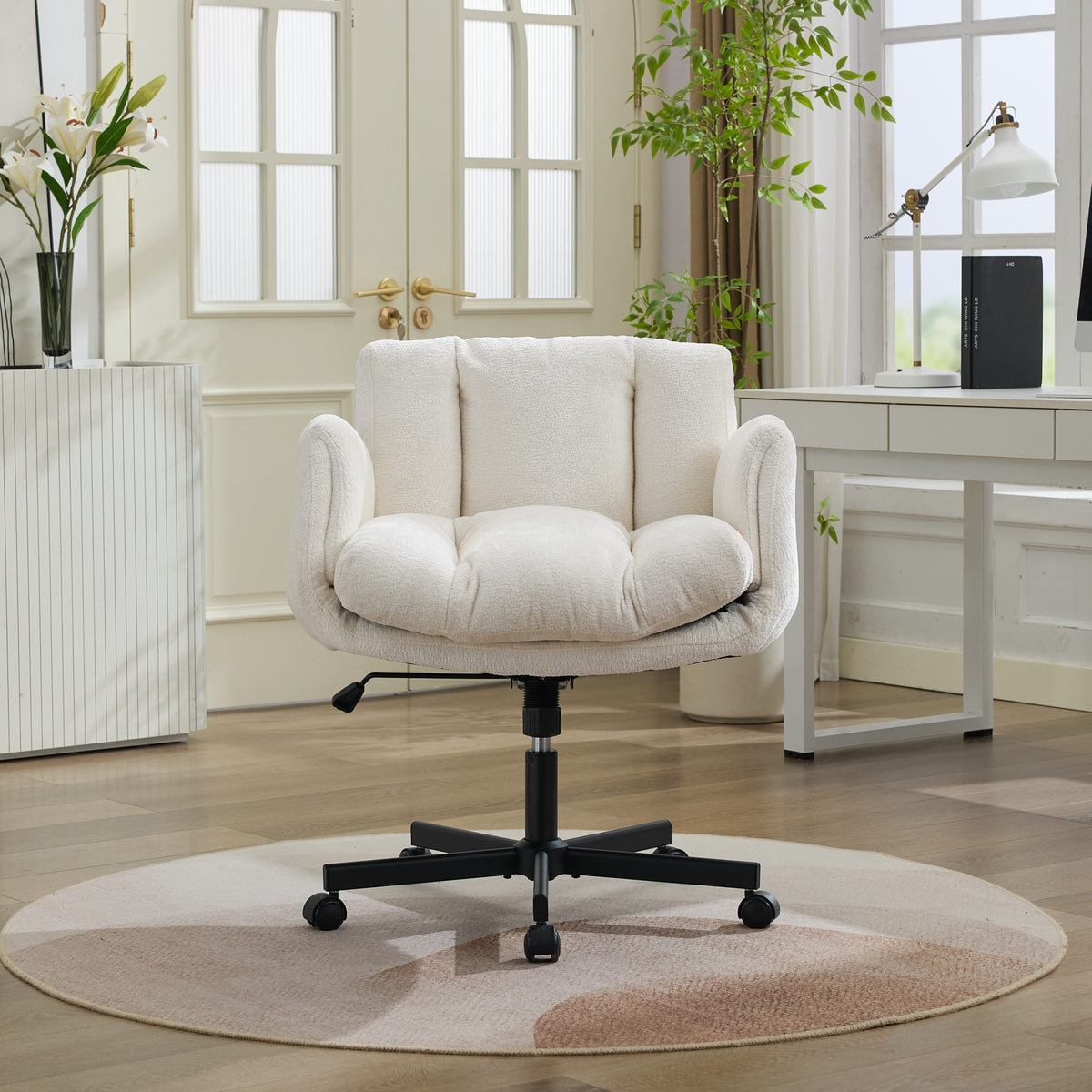 GDFStudio Lucan Modern Metal Chenille Upholstered Swivel Office Chair with Adjustable Height and Flip-Up Armrests, Beige