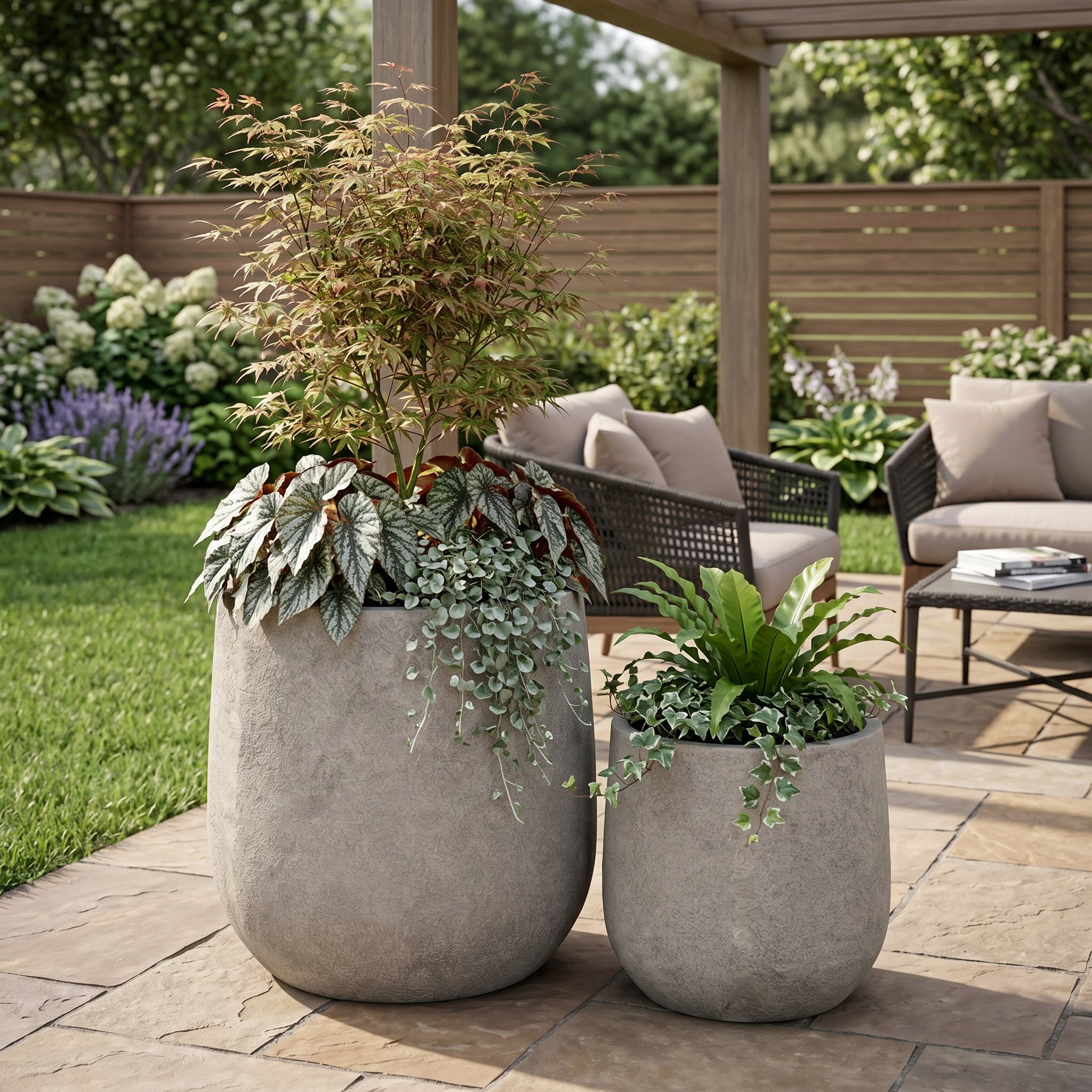 GDFStudio Nerys Modern Outdoor Round Concrete Planter Pots with Drainage Holes (Set of 2), Antique Gray