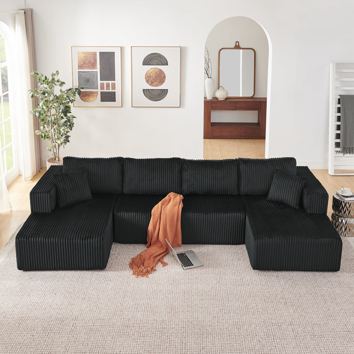 GDFStudio Ronald  Modern 132  Corduroy Upholstered Boneless Foam U Sectional Sofa, Black