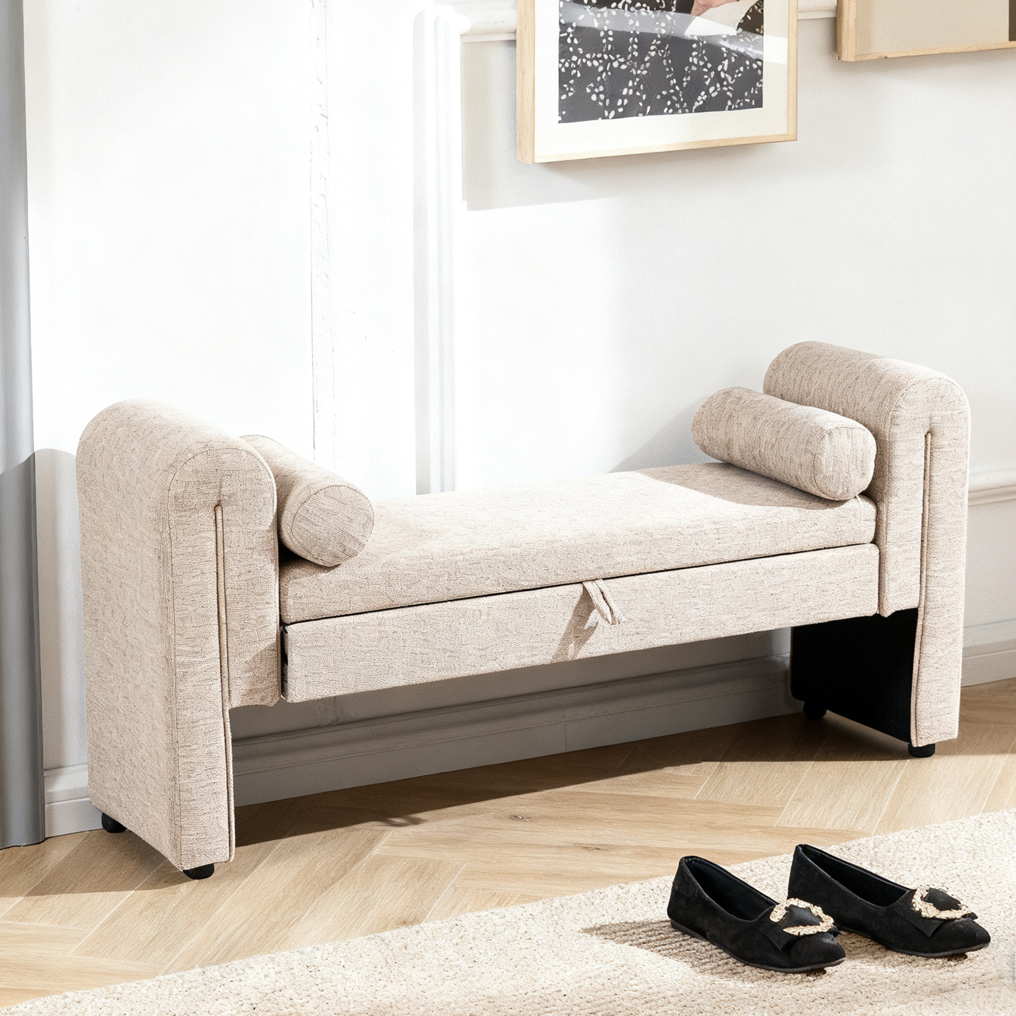GDFStudio Laura Modern 60-Inch Wood Upholstered Storage Bench, Oatmeal