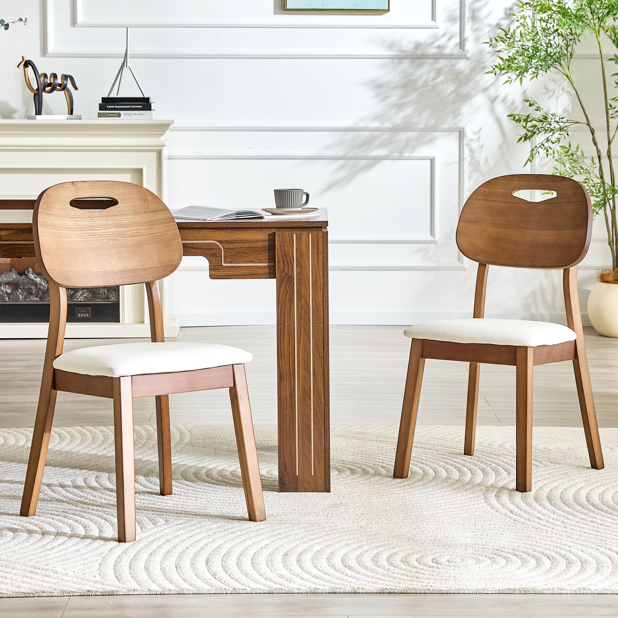 GDFStudio Raventia Mid-Century Modern Wood Faux Leather Upholstered Dining Chairs (Set of 2), Walnut/White