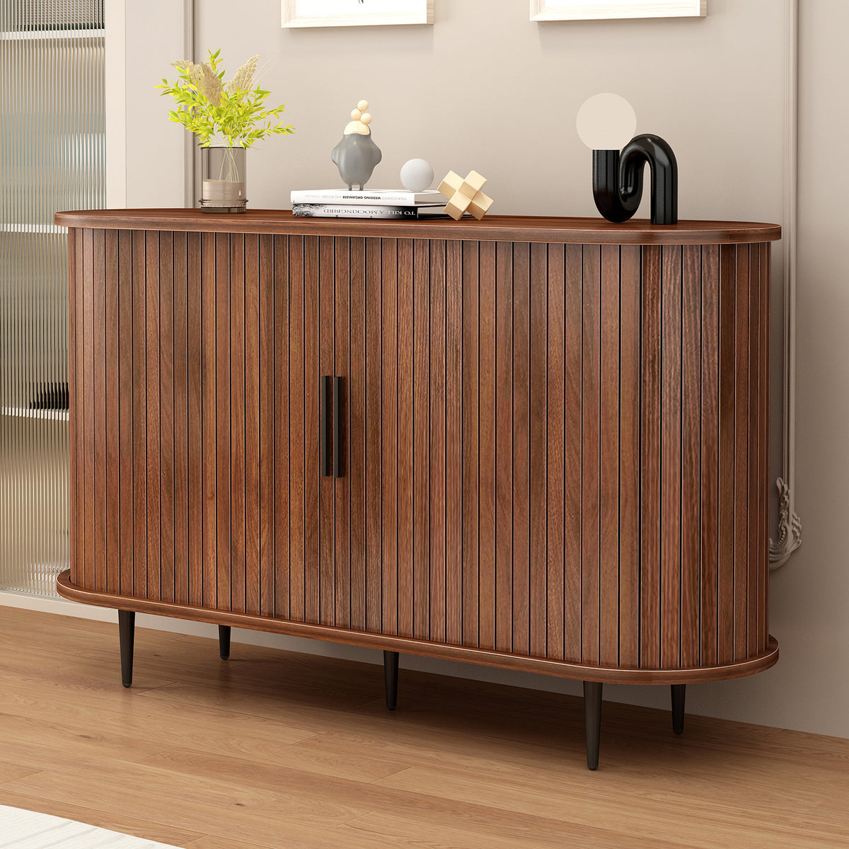 GDFStudio Lance Modern Boho Buffet Sideboard Cabinet with Sliding Tambour Doors, Walnut
