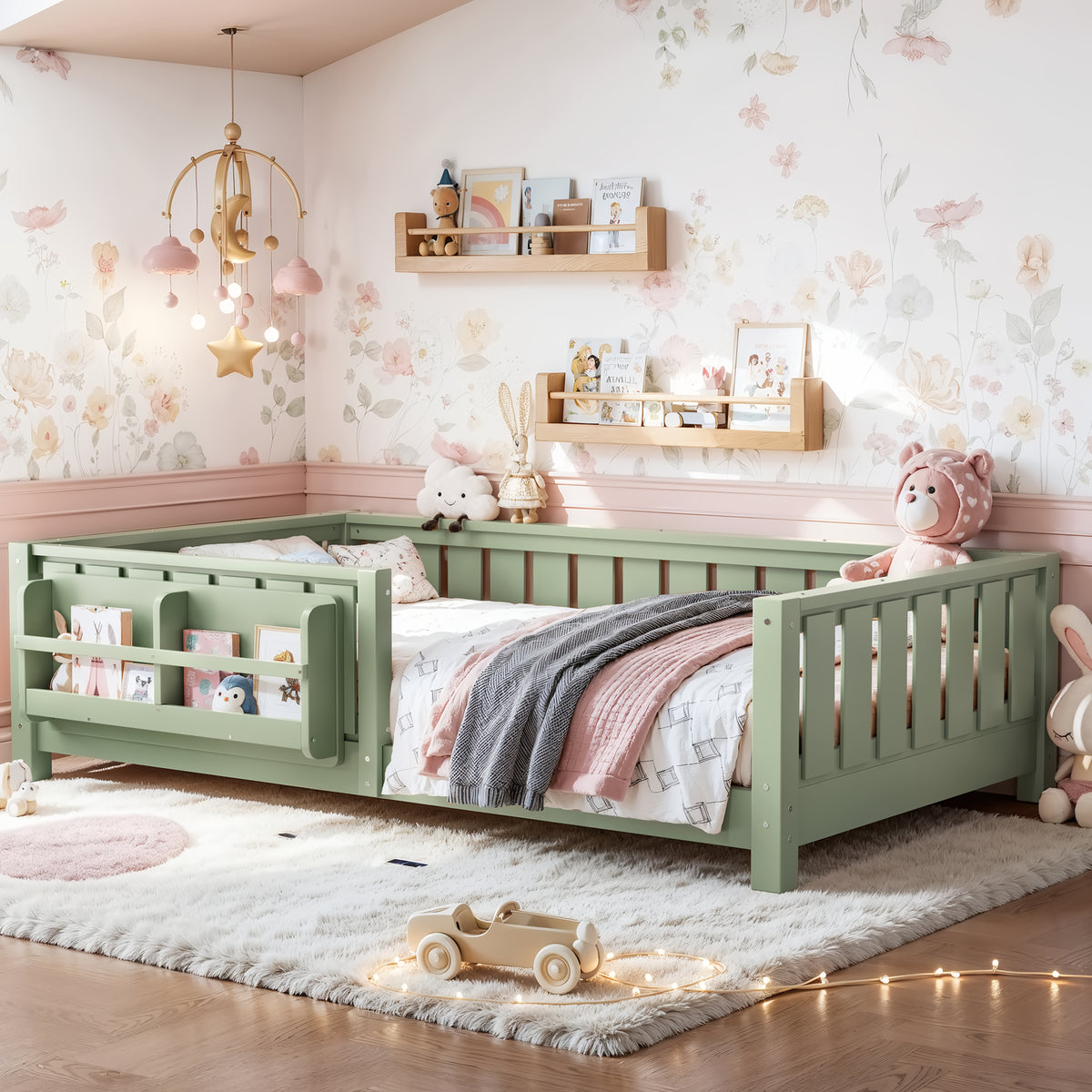 GDFStudio Nirae Modern Green Wooden Guardrail Bed with Built-in Bookshelf, Twin