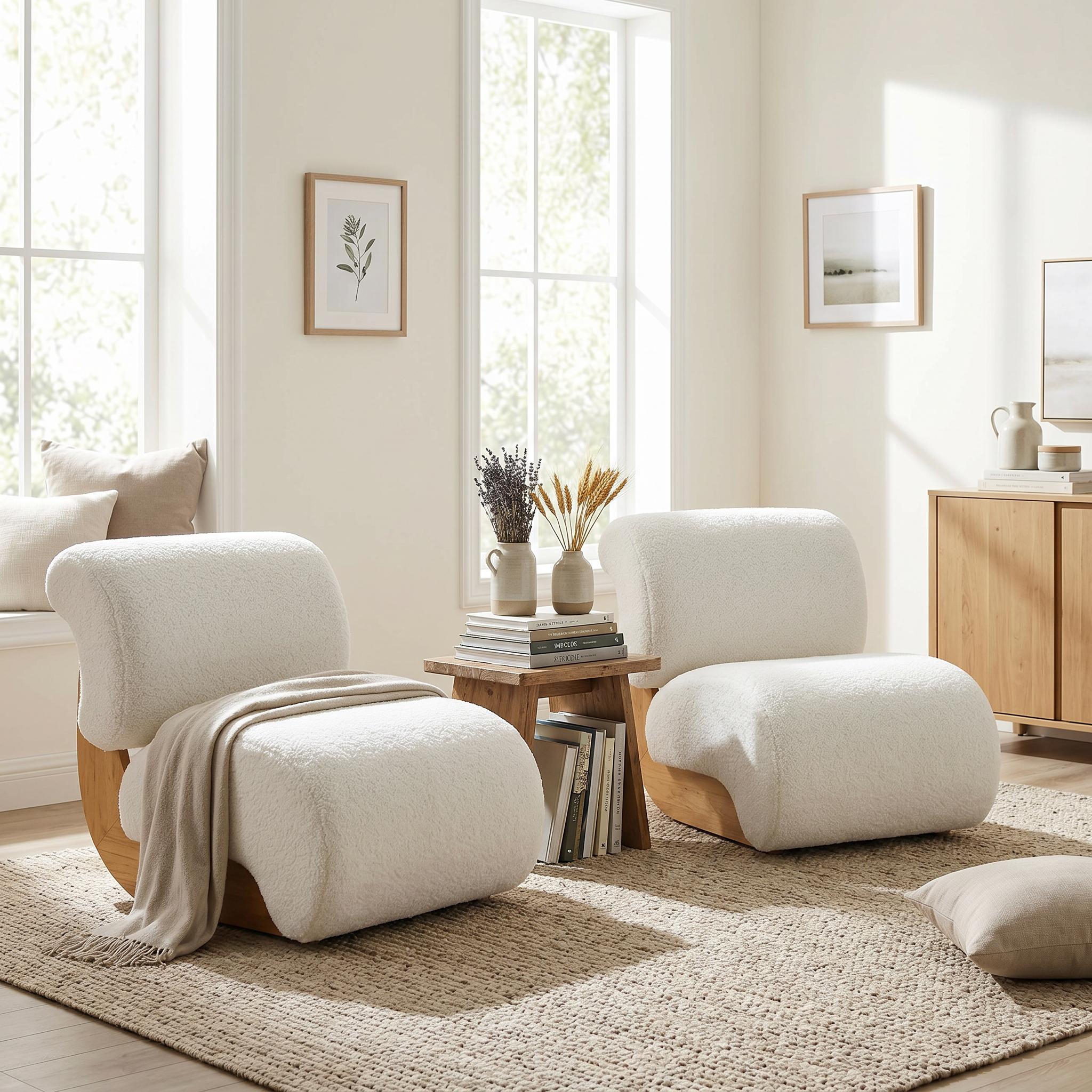 Christopher Knight Home Elowen Modern Wooden Curved Boucle Upholstered Accent Chairs (Set of 2), Off-White/Brown