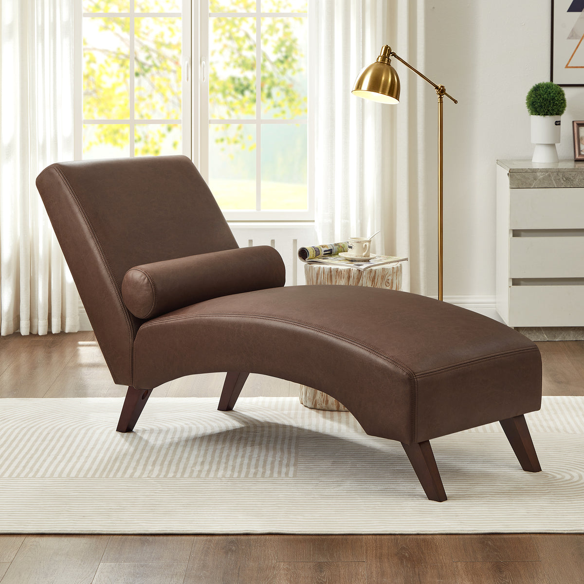 GDFStudio Westmere Modern Faux Leather Upholstered Chaise Lounge Chair with Bolster Pillow, Brown