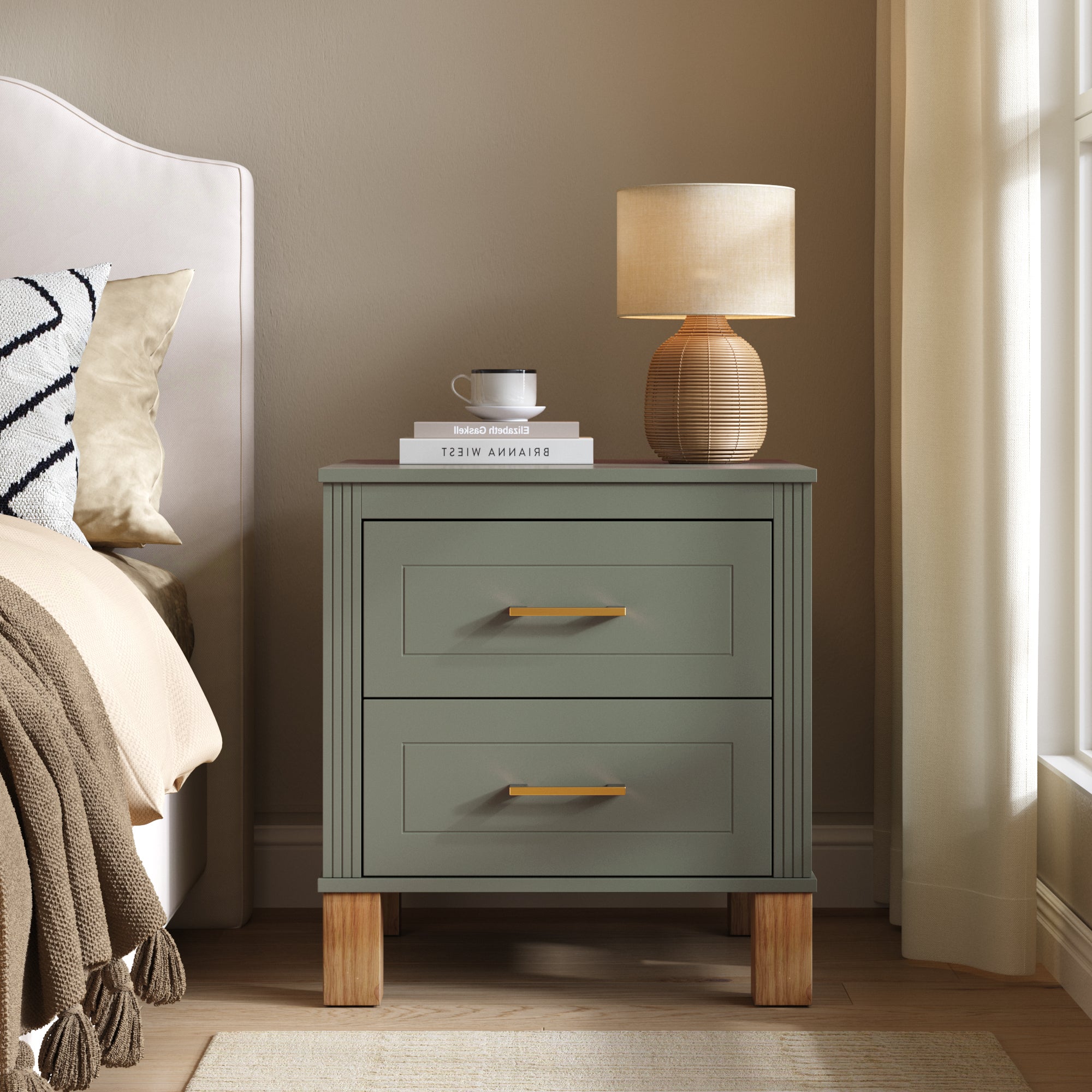 GDFStudio Hespera Mid-Century Modern Wood 2-Drawer Nightstand, Olive