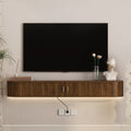 GDFStudio Notos 69" Modern Floating Wall Mounted TV Stand with 16 Color LEDs and Sliding Doors, Brown