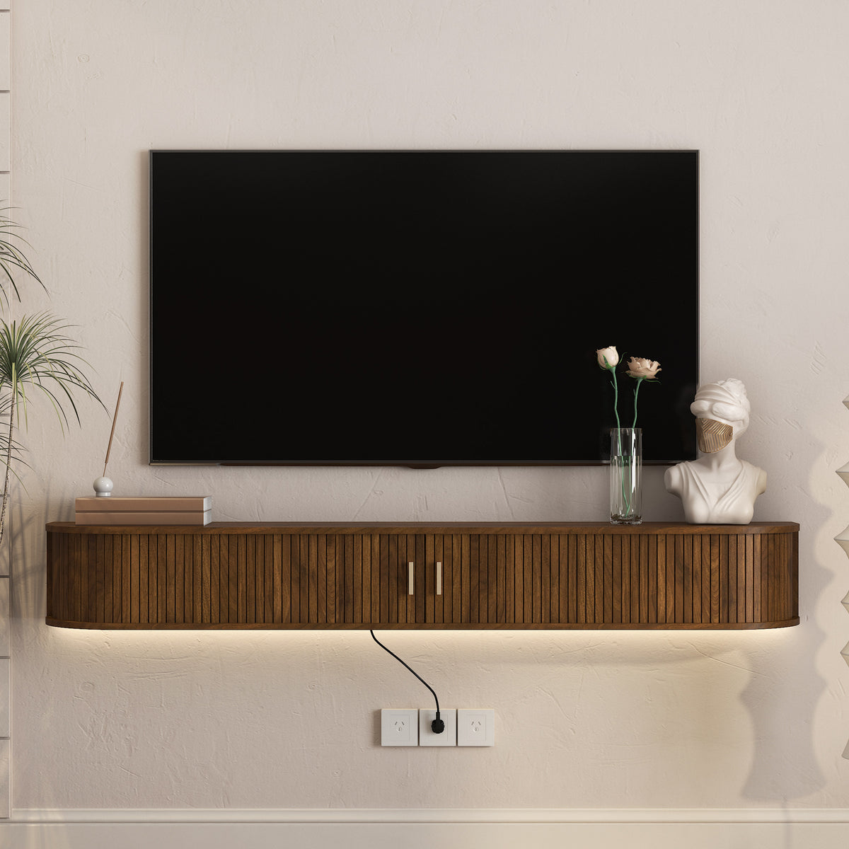 GDFStudio Notos 69" Modern Floating Wall Mounted TV Stand with 16 Color LEDs and Sliding Doors, Brown