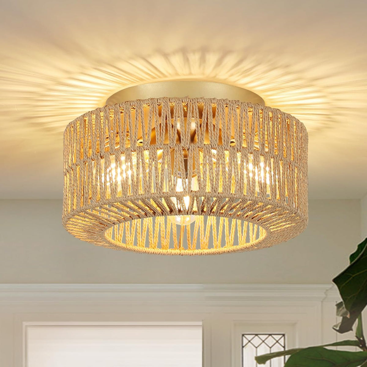 GDFStudio Phaenna Boho Rattan Chandelier with 3 Light Fixtures, Brown/Gold
