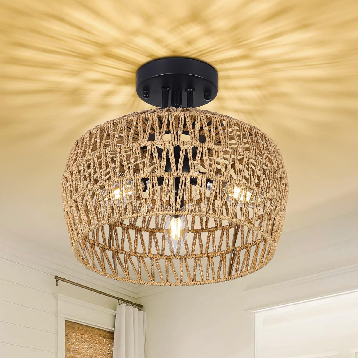 GDFStudio Eirene Boho Rattan Chandelier with 3 Light Fixtures, Brown