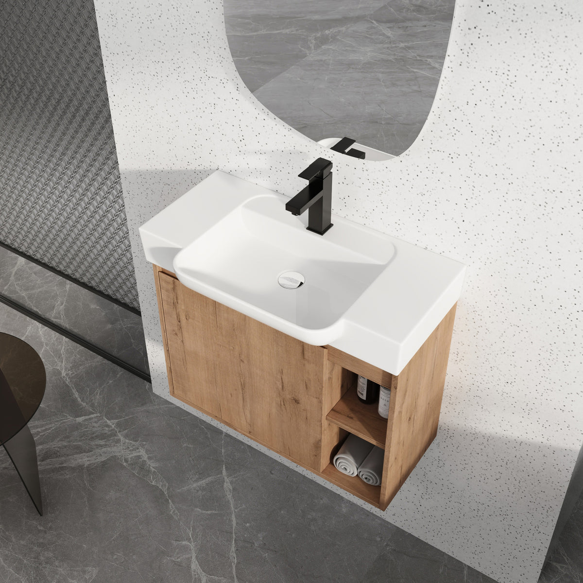 GDFStudio Aileen 28  Wall-Mounted Bathroom Vanity with Ceramic Sink and Open Storage Shelves, Oak